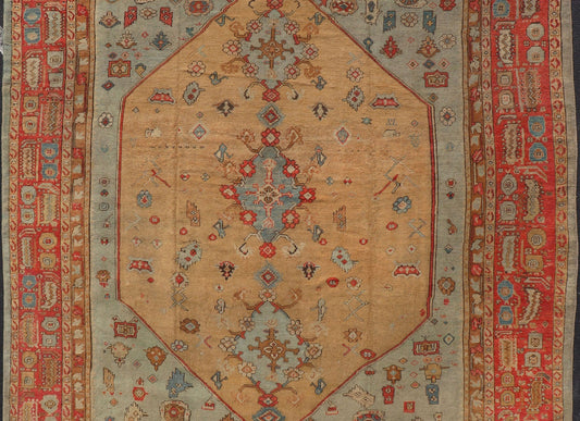 Outstanding Antique Turkish Ghoirdes Oushak Rug Ghoirdes rugs, such as this one, feature architectural motifs found in the 16th and 17th Centuries Ottoman court rugs. This Ghoirdes, with its outstanding drawing and colors, is exemplary among Tur... - Keivan Woven ArtsS12 - 0308 - 3343