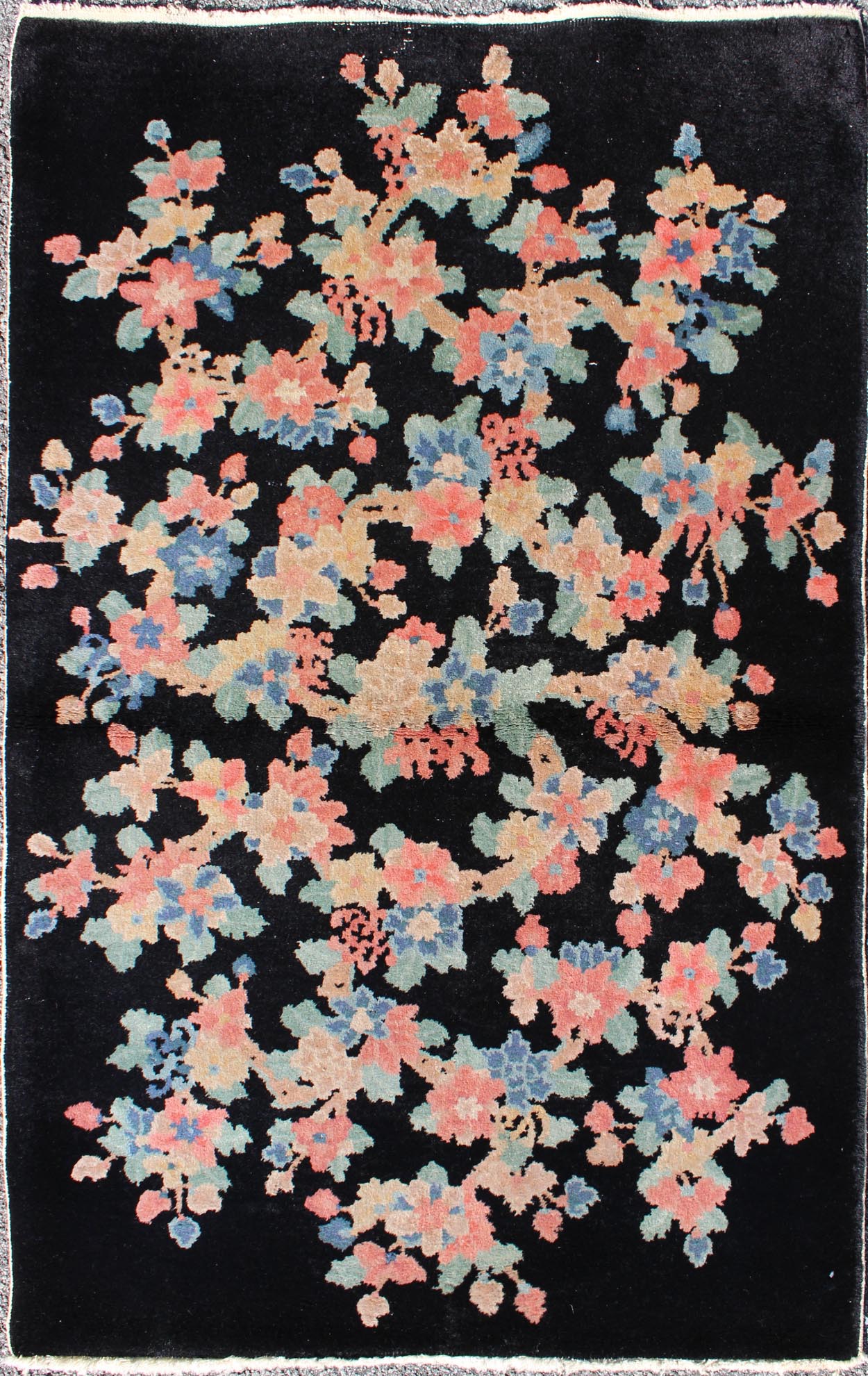 Art Deco Chinese Rug with Black Background and Flower Bouquet in Pastel Colors, rug s12 - 0505, country of origin / type: China / Art Deco, circa 1920 Handwoven in the first part of 20th Century (circa 1920), this antique Chinese rug features a bl... - Keivan Woven ArtsS12 - 0505 - 3241Rug