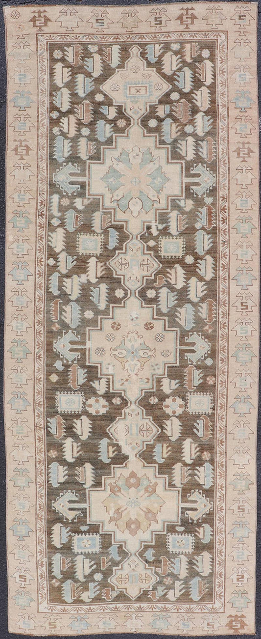 Antique Kazak Runner with Geometric Design And Medallions On A Brown Field Country of Origin: Caucasus Type: Kazak Design: medallion, Sub - Geometric, Early 20th century, Keivan Woven Arts; rug S12 - 0519 Measures: 3'2 x 8'7 This piece was h... - Keivan Woven ArtsS12 - 0519 - 3263