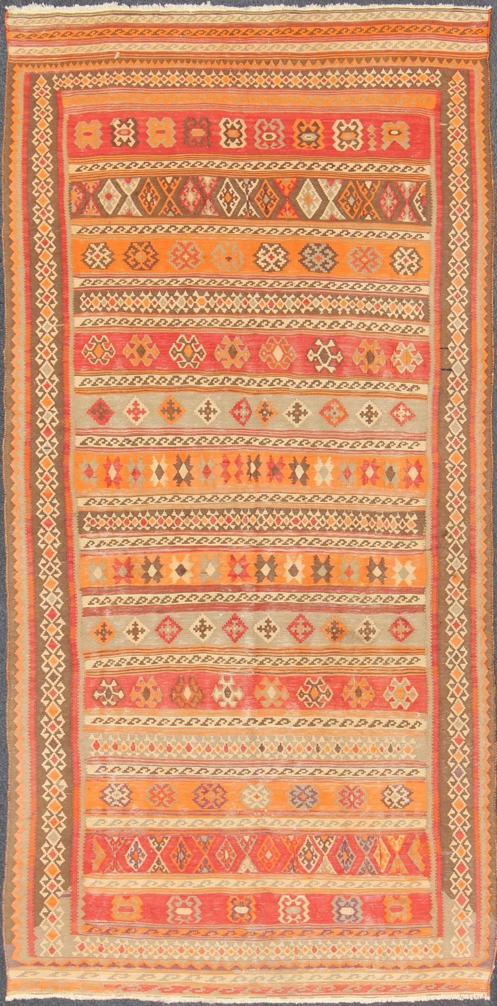 Antique Moroccan Kilim with Embroidery in Red, Orange, Gray and Brown. Keivan Woven Arts, S12 - 0601, 1930's Antique Moroccan Kilim Rug Antique Moroccan Kilim with Embroidery in Red, Orange, Gray and Brown. This brilliant kilim displays faded ora... - Keivan Woven ArtsS12 - 0601 - 3269Rug