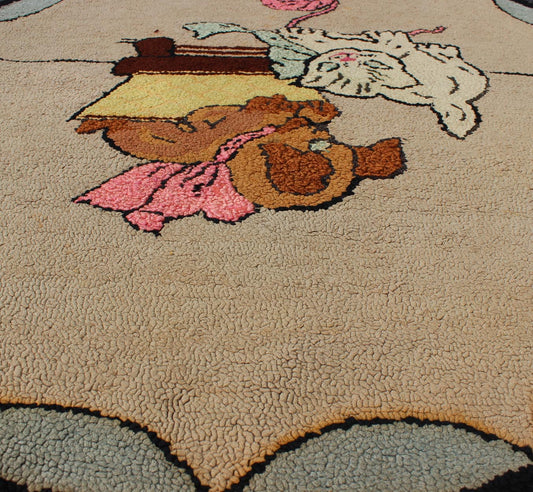 American Hooked Rug with a Cat and Dog American Hooked rug featuring a Cat and dog, rug S12 - 0613, country of origin / type: United States / Hooked, circa 1940 This hooked rug is 3 foot circle with cat playing with a ball of yard and a do... - Keivan Woven ArtsS12 - 0613 - 3297