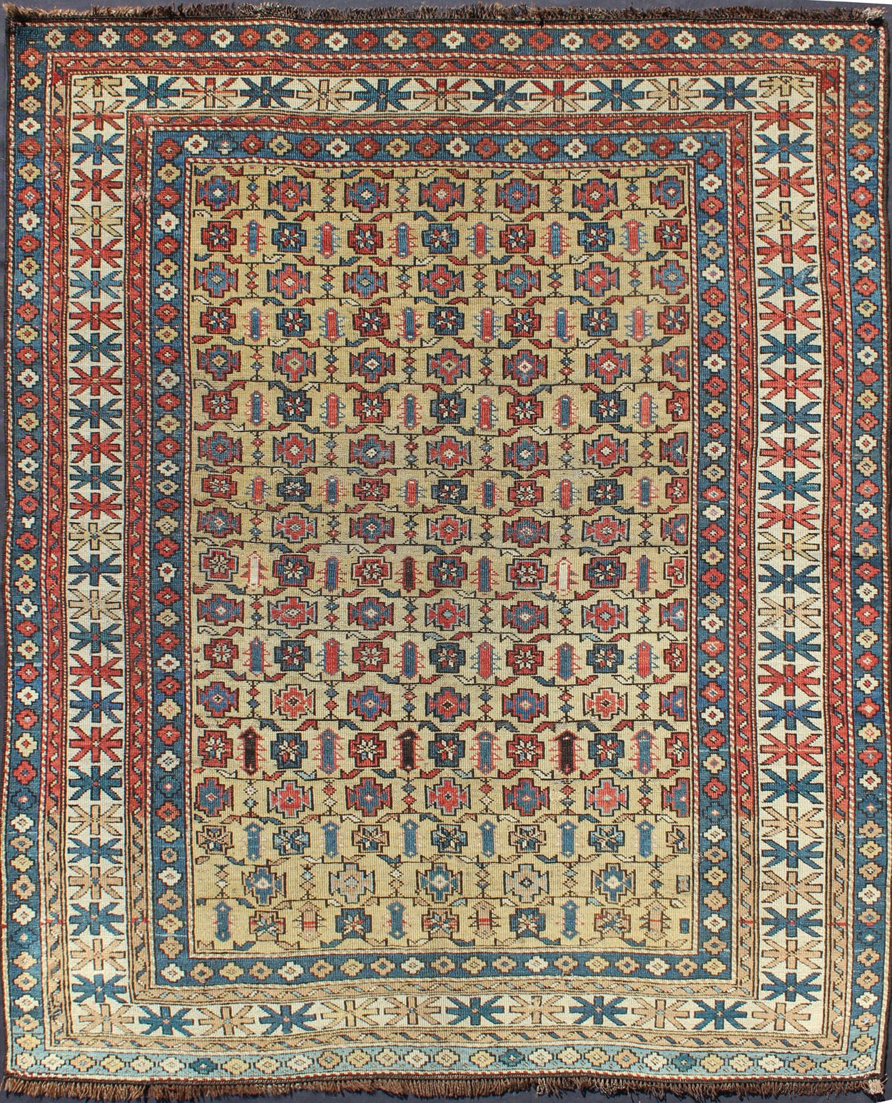 Antique Kuba rug with all - over geometric ornament design in multi - colors. Keivan Woven Arts / rug S12 - 0617, country of origin / type: Caucasus / Kazak, circa 1890 Measures: 4'1 x 4'9. This Kuba rug from the southern Caucasus region features many ... - Keivan Woven ArtsS12 - 0617 - 3305Rug