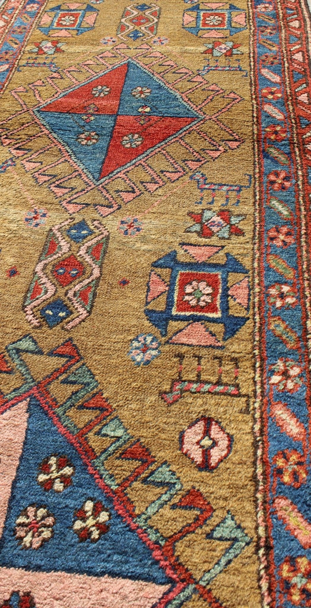 Antique Persian Serapi Runner with Gold Background This antique Serapi - Heriz displays a charming and rich combination of various jewel colors. The geometric diamond shapes are repeated in different forms and colors throughout the background, whi... - Keivan Woven ArtsS12 - 0704 - 3315Rug