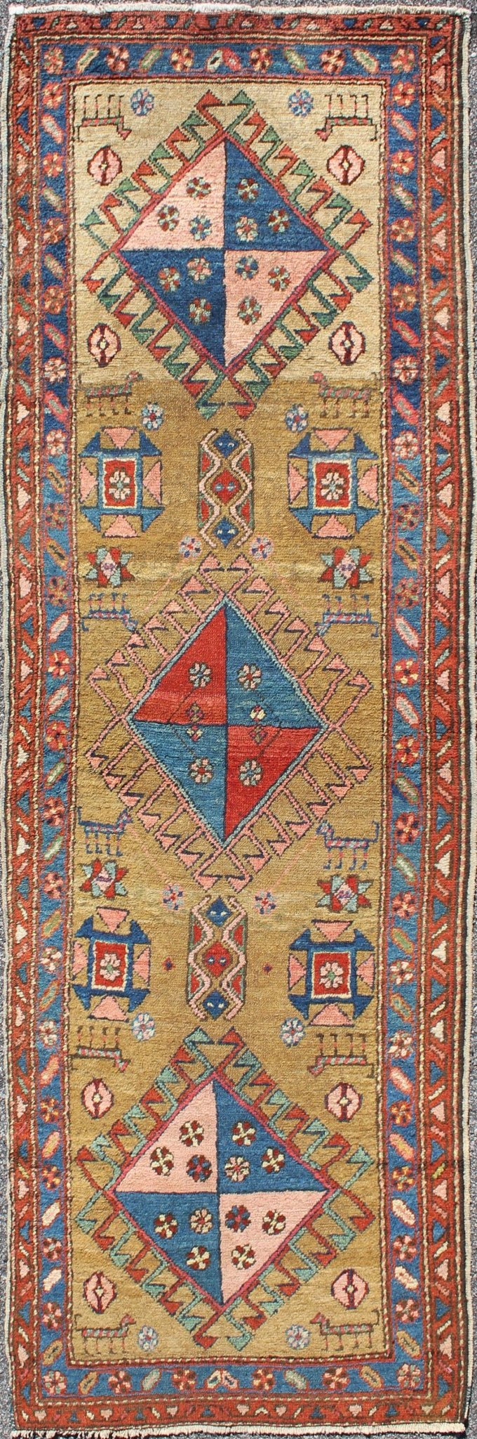 Antique Persian Serapi Runner with Gold Background This antique Serapi - Heriz displays a charming and rich combination of various jewel colors. The geometric diamond shapes are repeated in different forms and colors throughout the background, whi... - Keivan Woven ArtsS12 - 0704 - 3315Rug