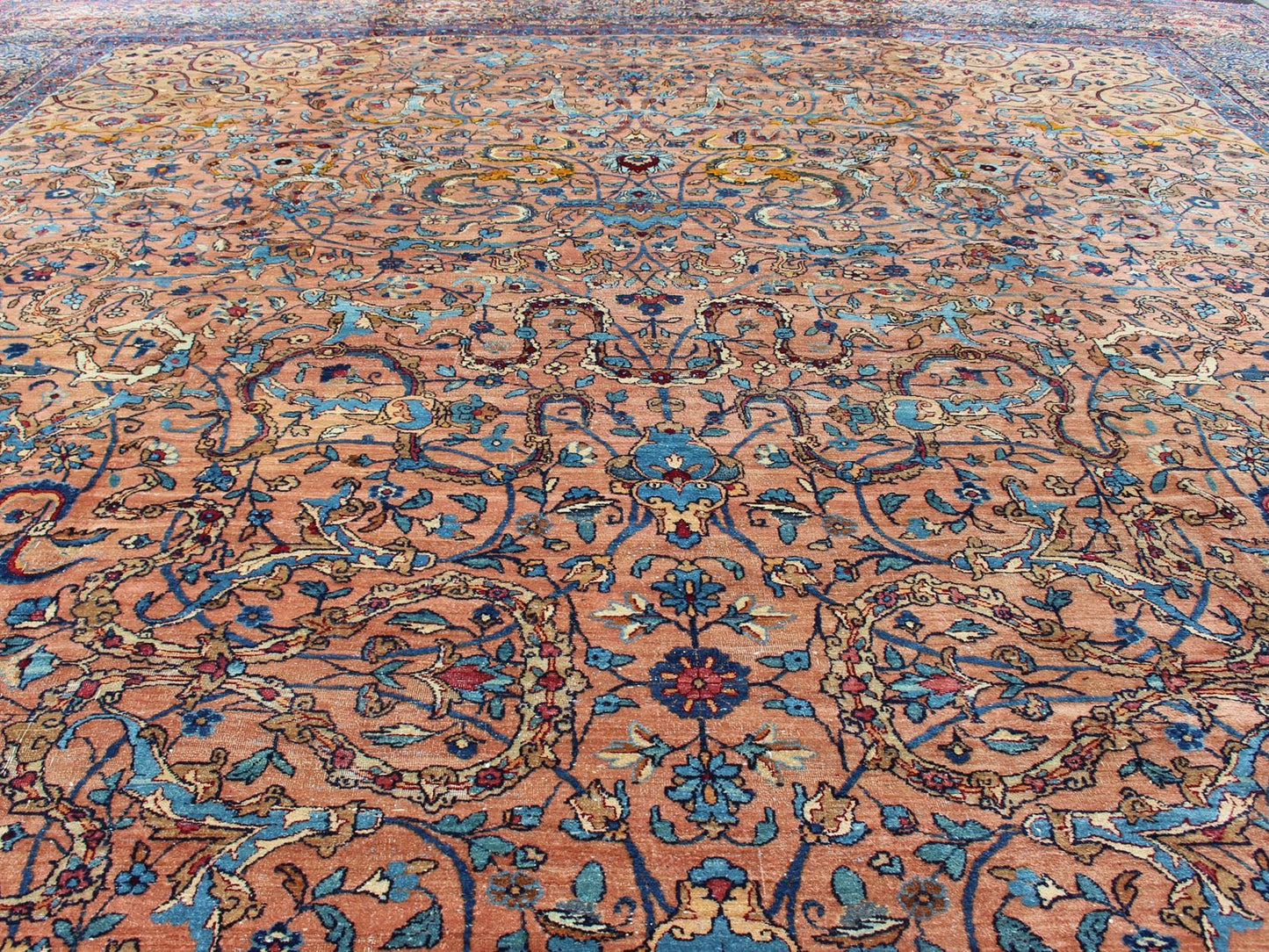 Classic Colorful Antique Large Lavar Kerman Persian Rug in Salmon Background Antique Lavar Kerman Rug. Keivan Woven Arts / rug S12 - 0903, country of origin / type: Persian / Lavar, circa Early - 20th Century. Measures 11'11 x 18'8. T... - Keivan Woven ArtsS12 - 0903 - 3377Rug