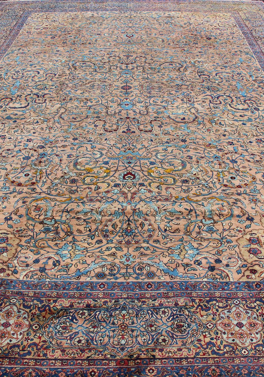 Classic Colorful Antique Large Lavar Kerman Persian Rug in Salmon Background Antique Lavar Kerman Rug. Keivan Woven Arts / rug S12 - 0903, country of origin / type: Persian / Lavar, circa Early - 20th Century. Measures 11'11 x 18'8. T... - Keivan Woven ArtsS12 - 0903 - 3377Rug