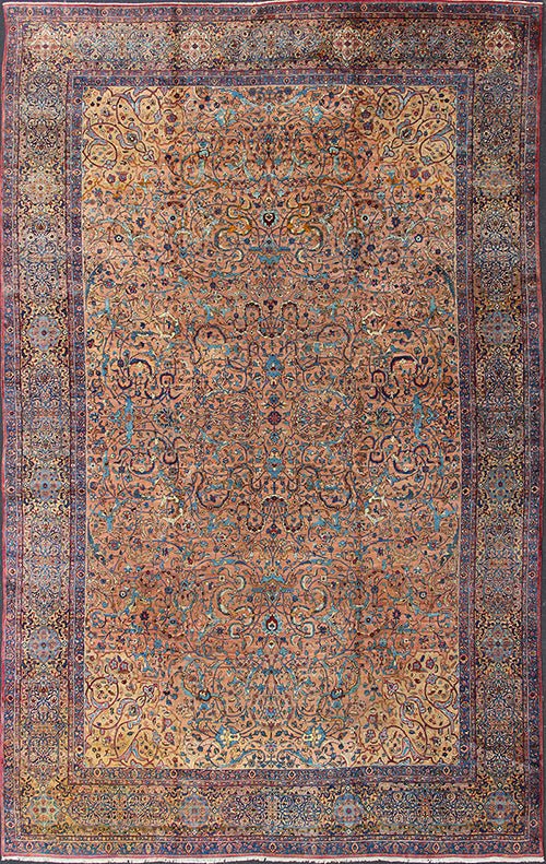 Classic Colorful Antique Large Lavar Kerman Persian Rug in Salmon Background Antique Lavar Kerman Rug. Keivan Woven Arts / rug S12 - 0903, country of origin / type: Persian / Lavar, circa Early - 20th Century. Measures 11'11 x 18'8. T... - Keivan Woven ArtsS12 - 0903 - 3377Rug