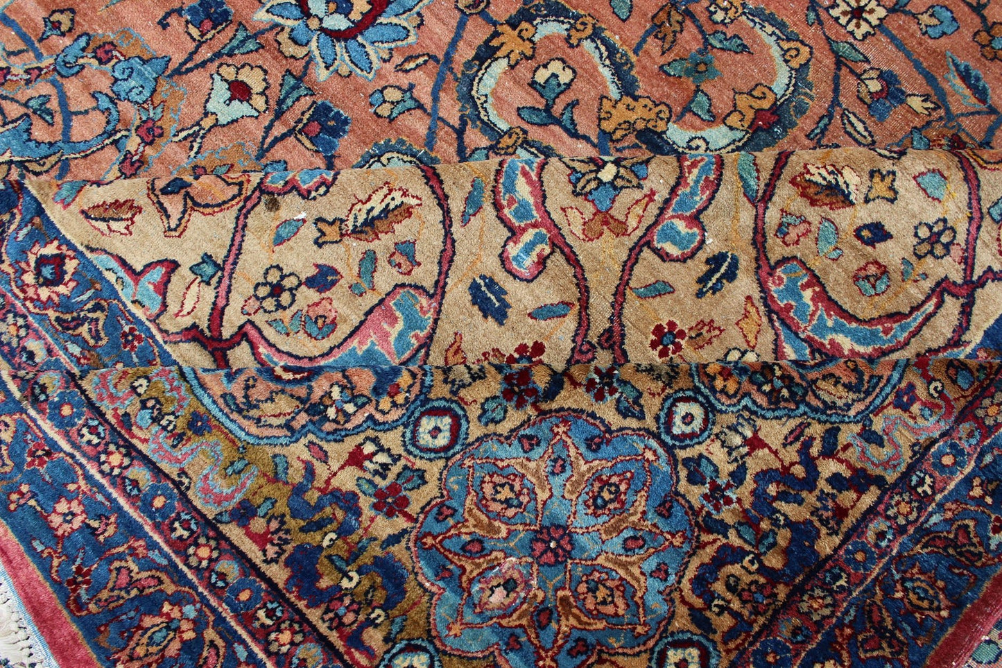 Classic Colorful Antique Large Lavar Kerman Persian Rug in Salmon Background Antique Lavar Kerman Rug. Keivan Woven Arts / rug S12 - 0903, country of origin / type: Persian / Lavar, circa Early - 20th Century. Measures 11'11 x 18'8. T... - Keivan Woven ArtsS12 - 0903 - 3377Rug