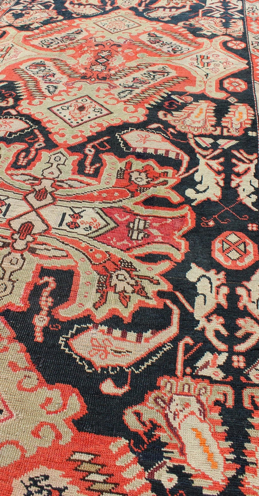 Antique Caucasian Karabagh Runner in Black Background, Orange, Green & Salmon. Keivan Woven Arts / rug S12 - 1106, country of origin / type: Caucus / Caucasian, circa 1910. Measures: 3'10 x 11'11 This beautiful antique Karabagh displays an unusual ... - Keivan Woven ArtsS12 - 1106 - 3756