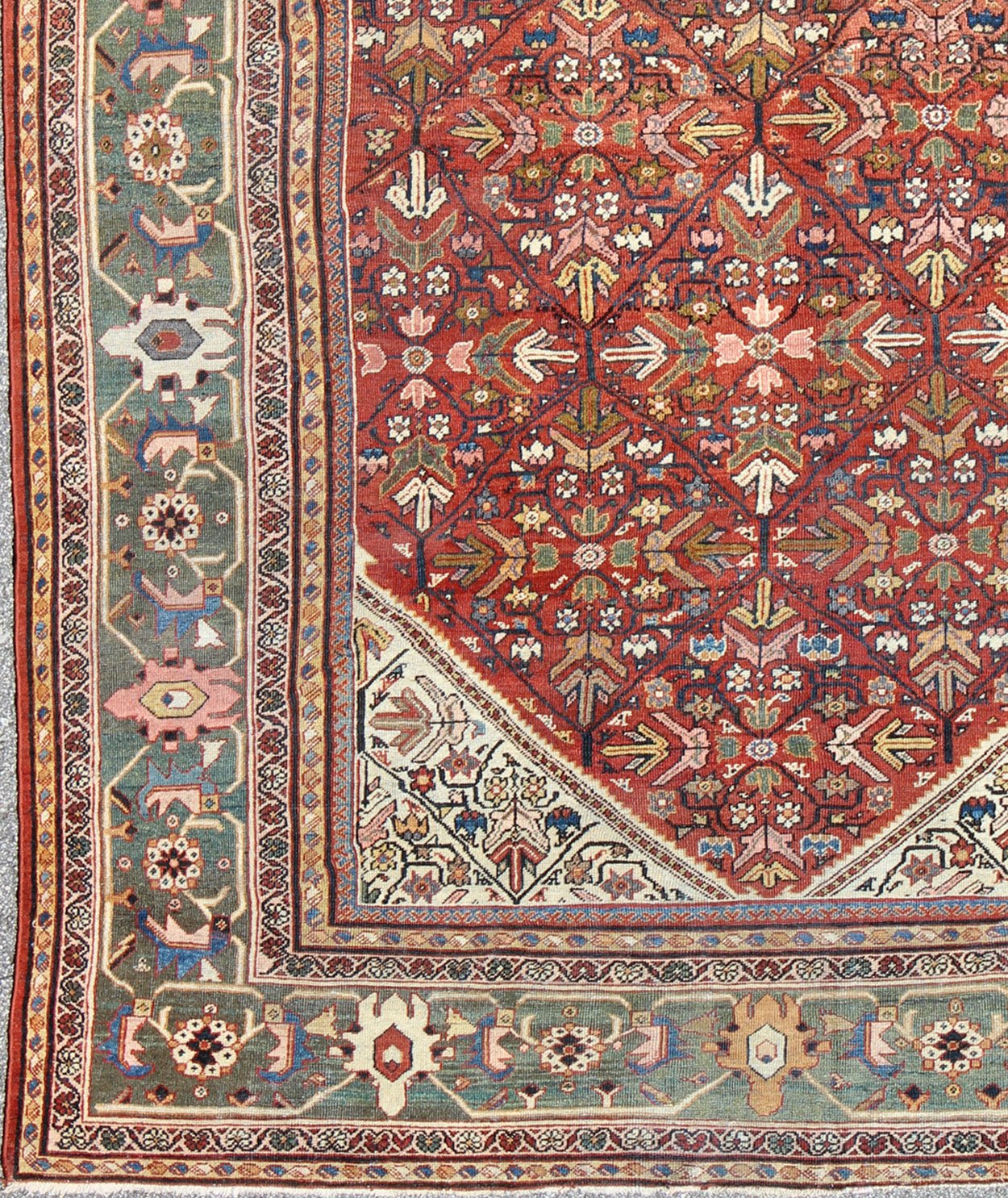 Antique Persian Sultanabad Rug The expansive terra - cotta red background of this piece consists of an intricate all - over design surrounded by a wide green border with ample motifs. Delicate vine - scrolls and sub - geometric elements emphasize the ae... - Keivan Woven ArtsS12 - 1212 - 4720Rug