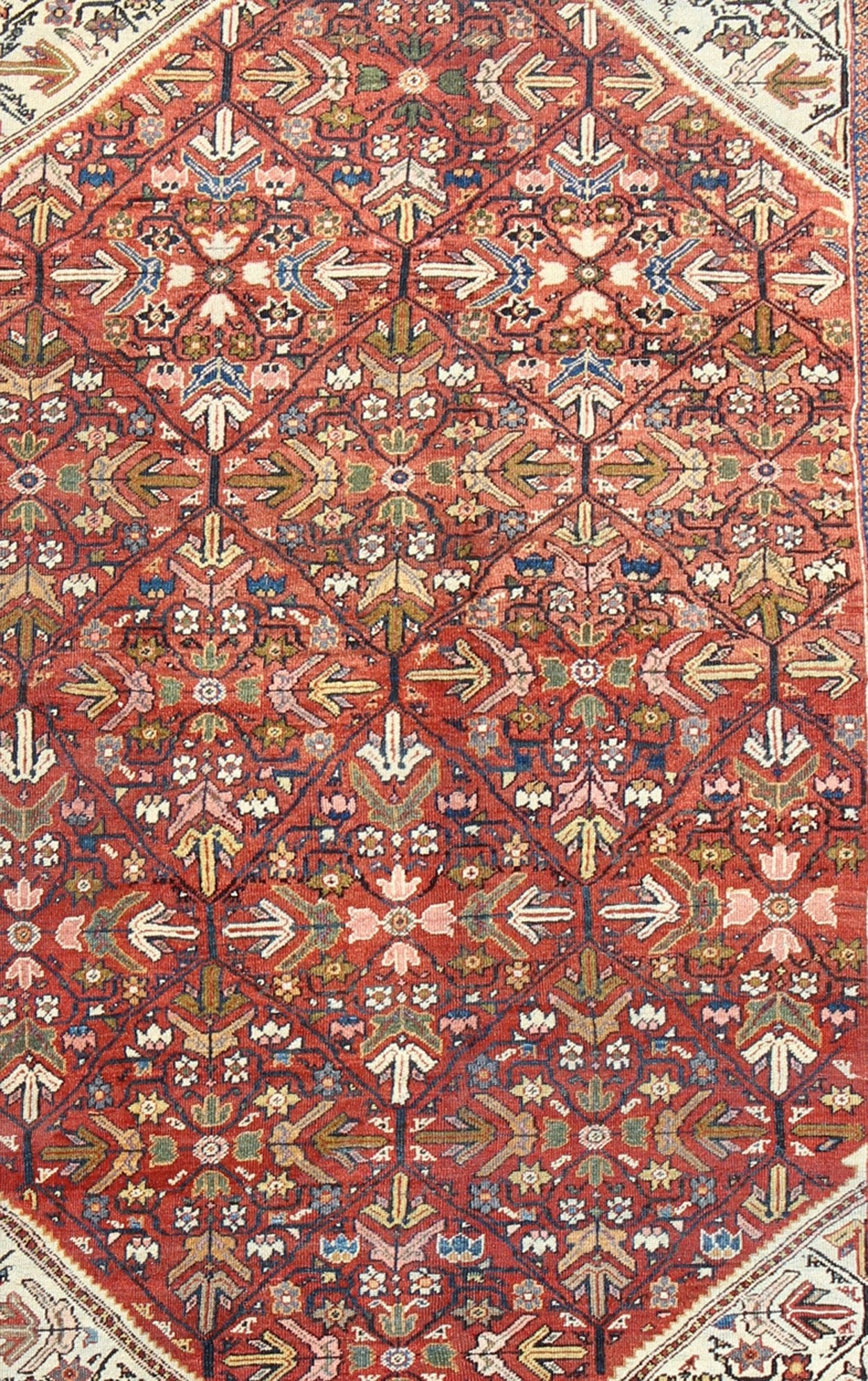 Antique Persian Sultanabad Rug The expansive terra - cotta red background of this piece consists of an intricate all - over design surrounded by a wide green border with ample motifs. Delicate vine - scrolls and sub - geometric elements emphasize the ae... - Keivan Woven ArtsS12 - 1212 - 4720Rug
