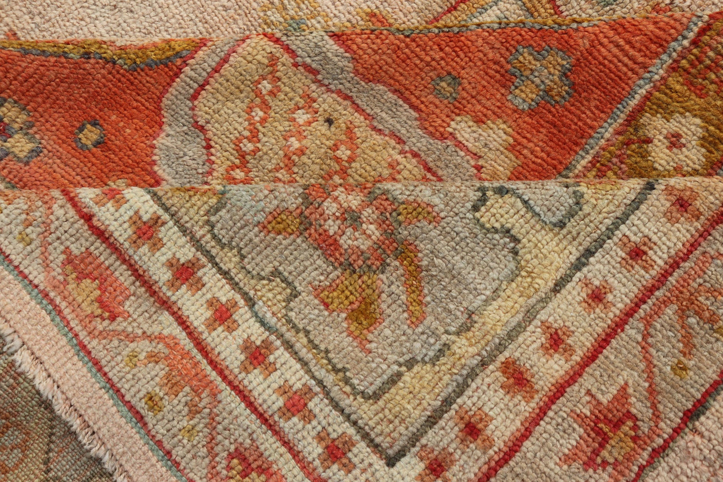 This large late 19th Century Antique Turkish Oushak Rug displays a colorful palette in Salmon, Green, pink, Yellow, Orange, cream, red, Antique Oushak, Keivan Woven Arts; rug S12 - 1213, Country of Origin: Turkey Type: Antique Oushak Design: Floral, Sub - ... - Keivan Woven ArtsS12 - 1213 - 3988Rug