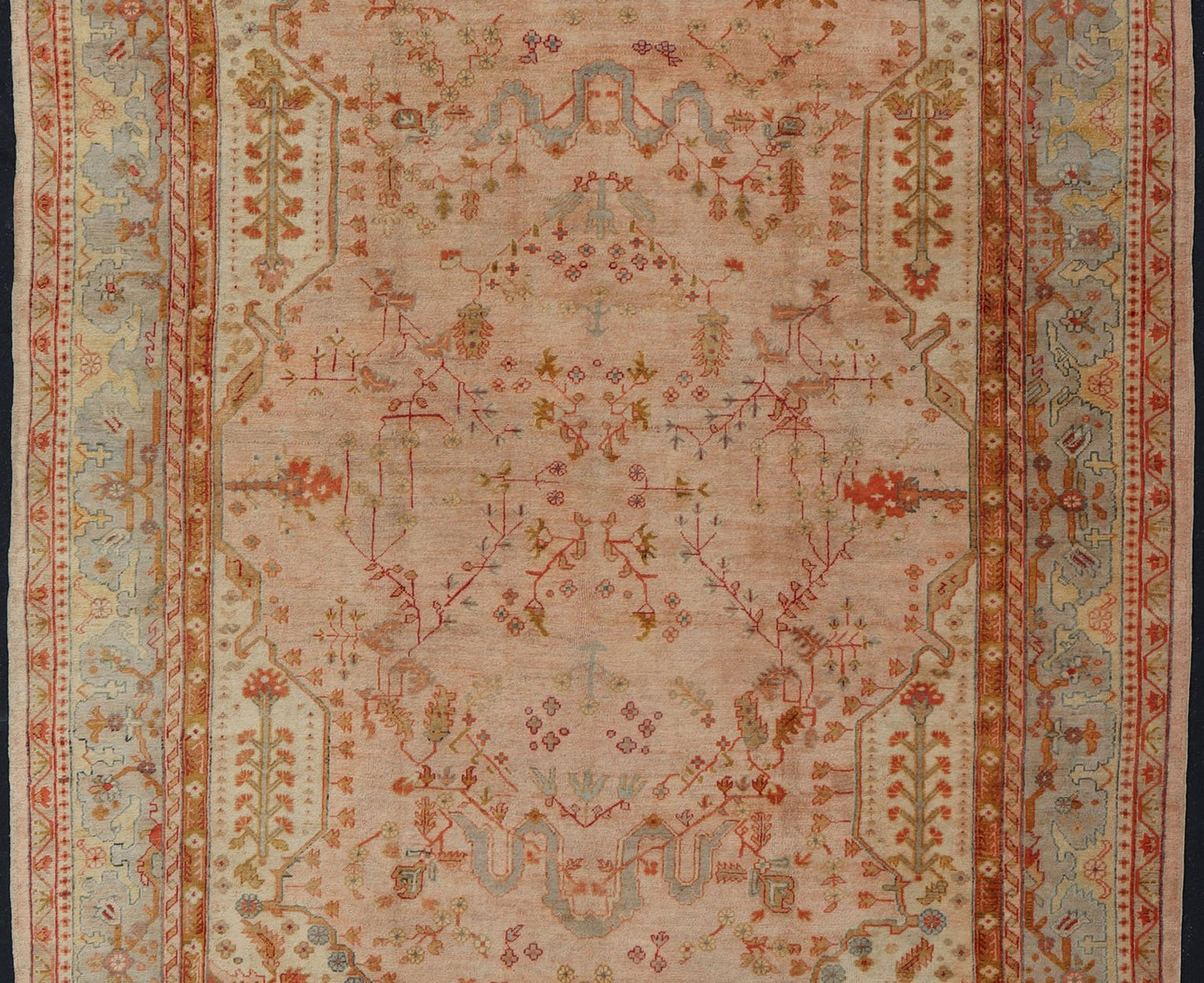 This large late 19th Century Antique Turkish Oushak Rug displays a colorful palette in Salmon, Green, pink, Yellow, Orange, cream, red, Antique Oushak, Keivan Woven Arts; rug S12 - 1213, Country of Origin: Turkey Type: Antique Oushak Design: Floral, Sub - ... - Keivan Woven ArtsS12 - 1213 - 3988Rug