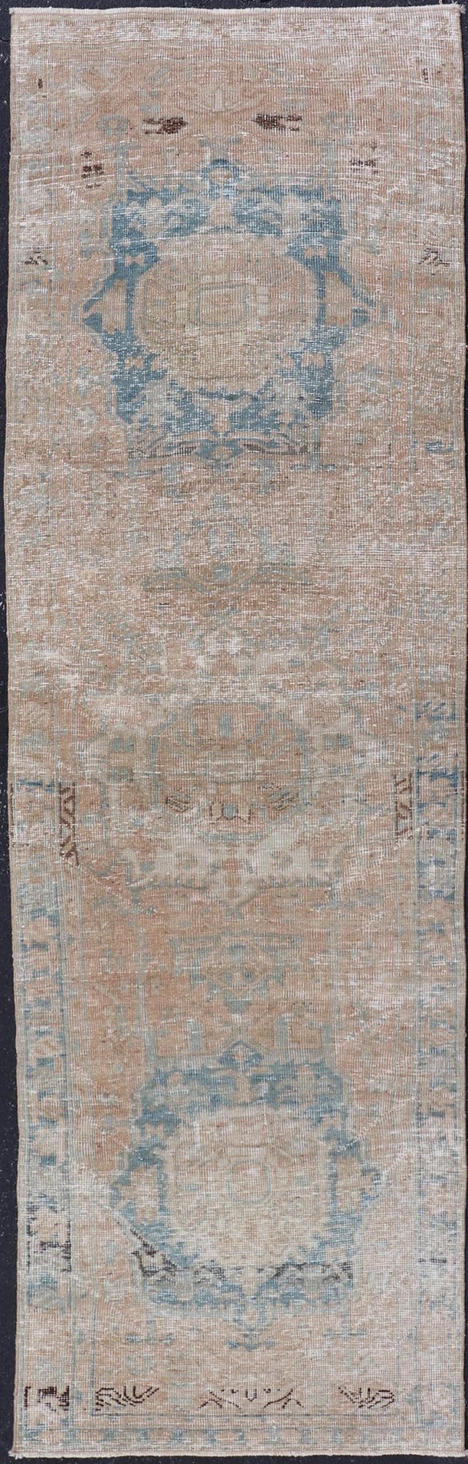 Vintage Persian Heriz Runner with Medallions in Earthy Tones and Light Blue. Keivan Woven Arts / rug SHLLY - 2, country of origin / type: Iran / Heriz, circa mid - 20th century. Measures: 2'11 x 10'0 Vintage Persian Heriz Runner with Medallions i... - Keivan Woven ArtsSHLLY - 2 - 12914Rug