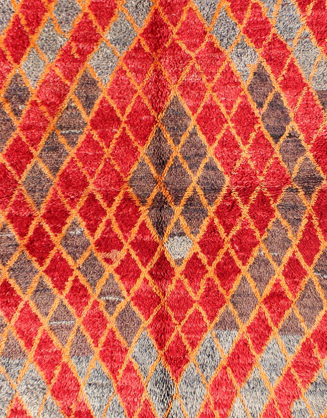 Midcentury Moroccan rug with orange, red, brown diamonds and blue fringe detail. Keivan Woven Arts / rug sk - 628, country of origin / type: Morocco / Tribal, circa mid - 20th century This wonderful vintage Moroccan rug (circa mid - 20th century) feat... - Keivan Woven ArtsSK - 628 - 4078Rug
