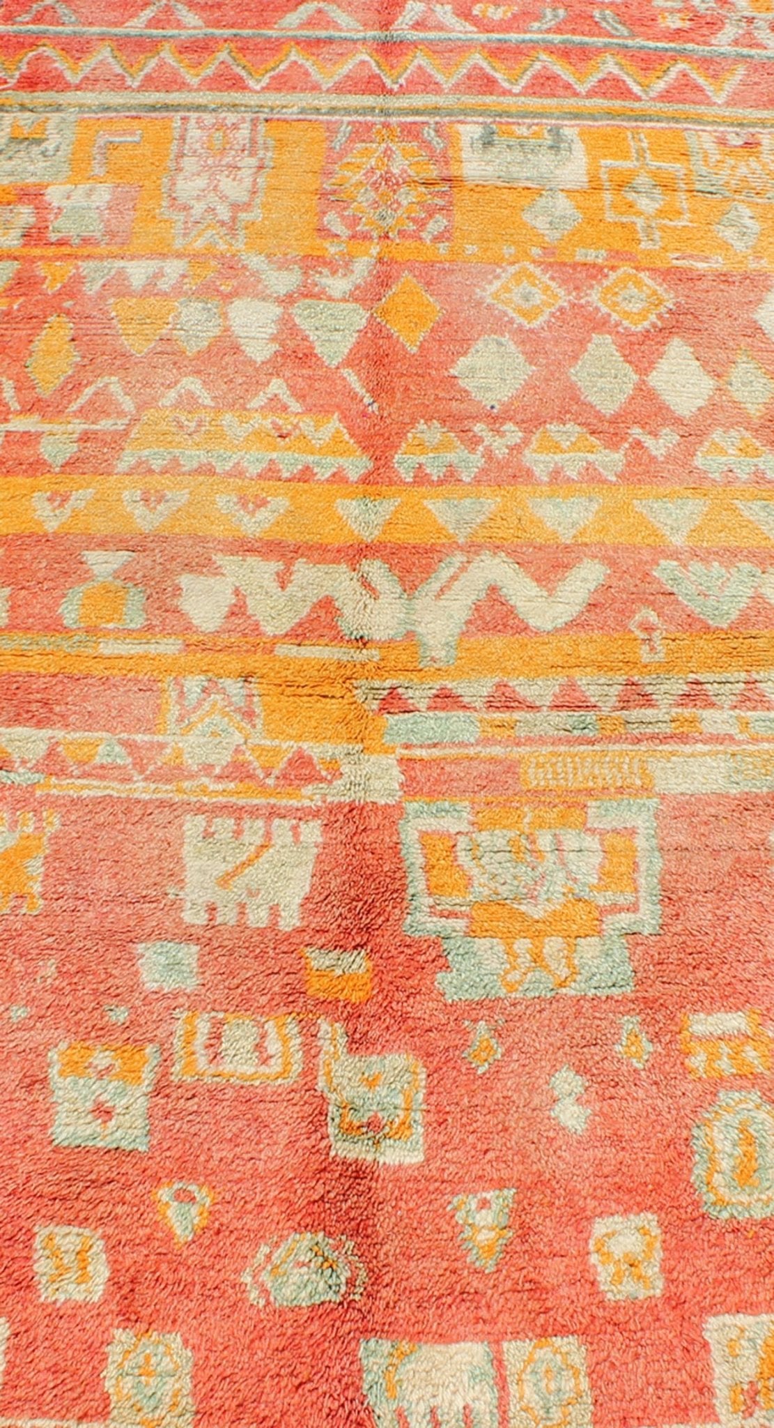Tribal design vintage Moroccan rug in red, orange, Mint Green, ivory, rug sk - 629, country of origin / type: Morocco / Tribal, circa 1940. This gorgeous vintage Moroccan carpet from the mid - 20th century displays a stunning, all - over geometric pat... - Keivan Woven ArtsSK - 629 - 4084Rug
