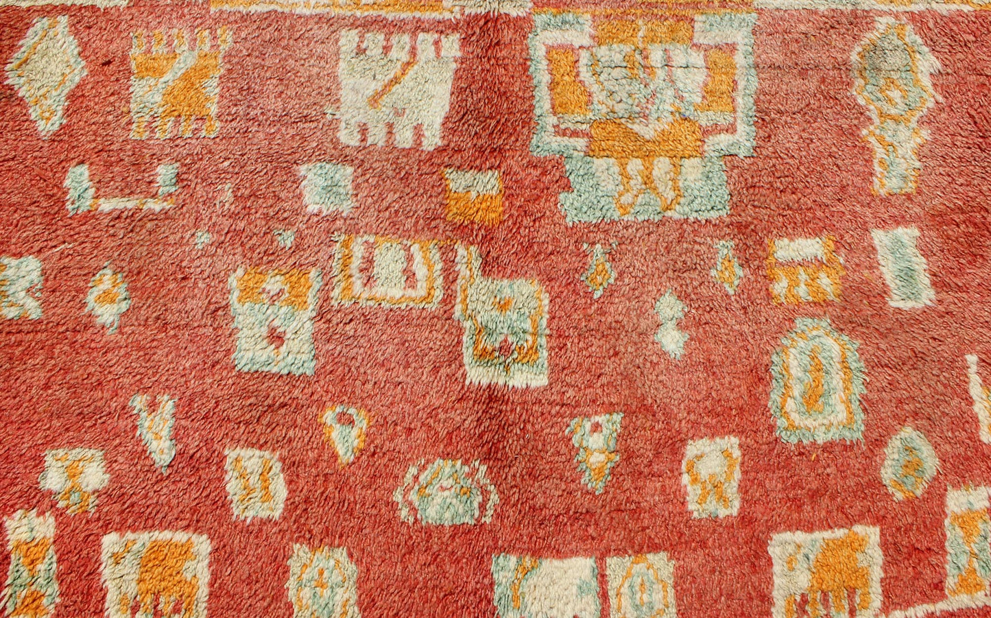 Tribal design vintage Moroccan rug in red, orange, Mint Green, ivory, rug sk - 629, country of origin / type: Morocco / Tribal, circa 1940. This gorgeous vintage Moroccan carpet from the mid - 20th century displays a stunning, all - over geometric pat... - Keivan Woven ArtsSK - 629 - 4084Rug