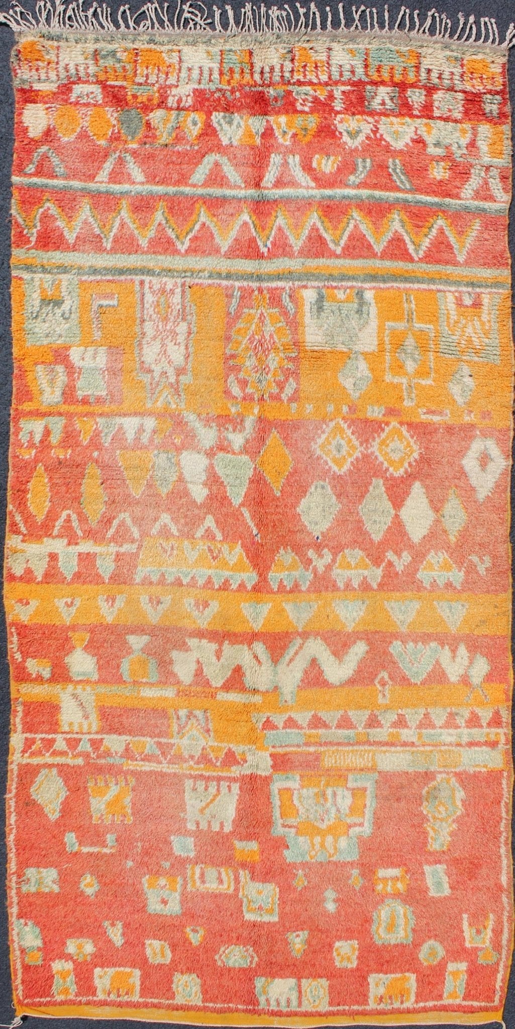 Tribal design vintage Moroccan rug in red, orange, Mint Green, ivory, rug sk - 629, country of origin / type: Morocco / Tribal, circa 1940. This gorgeous vintage Moroccan carpet from the mid - 20th century displays a stunning, all - over geometric pat... - Keivan Woven ArtsSK - 629 - 4084Rug