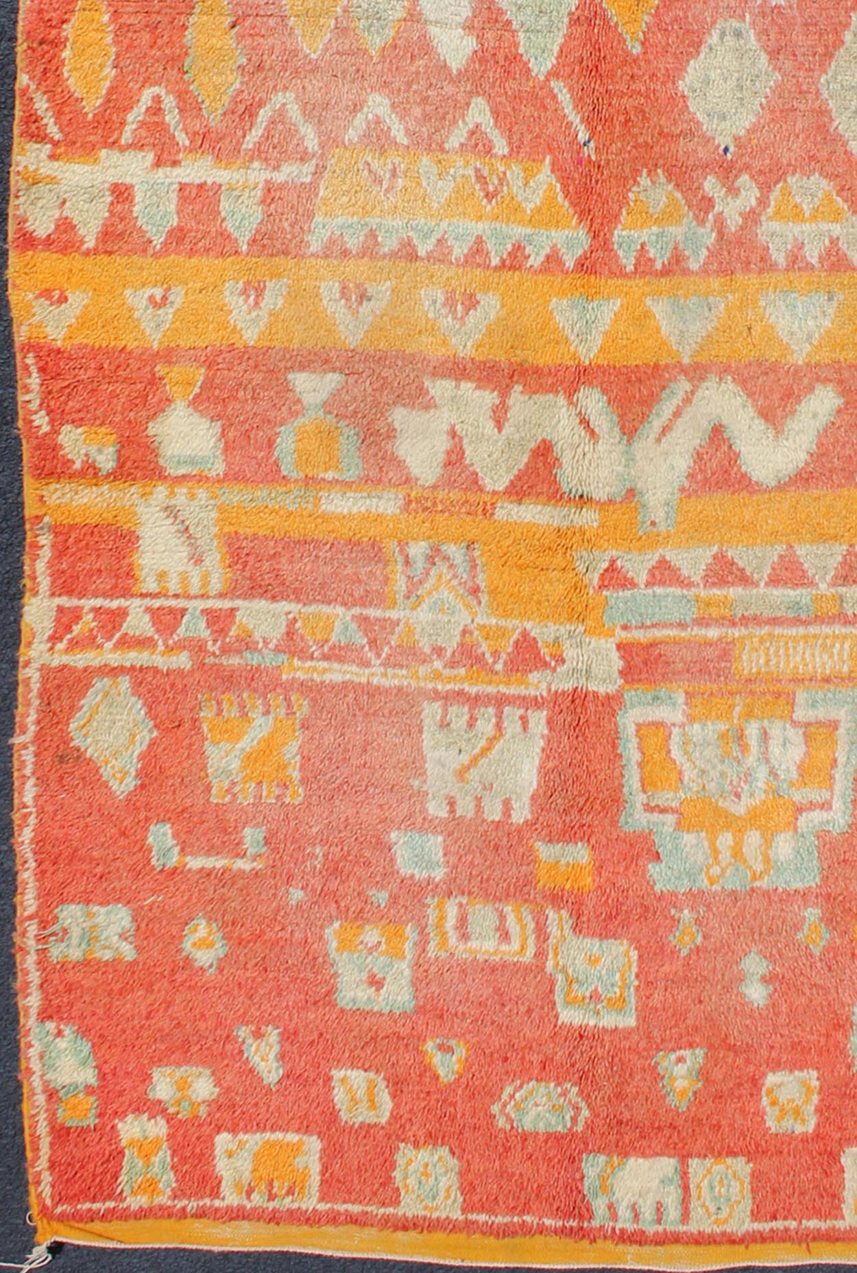 Tribal design vintage Moroccan rug in red, orange, Mint Green, ivory, rug sk - 629, country of origin / type: Morocco / Tribal, circa 1940. This gorgeous vintage Moroccan carpet from the mid - 20th century displays a stunning, all - over geometric pat... - Keivan Woven ArtsSK - 629 - 4084Rug