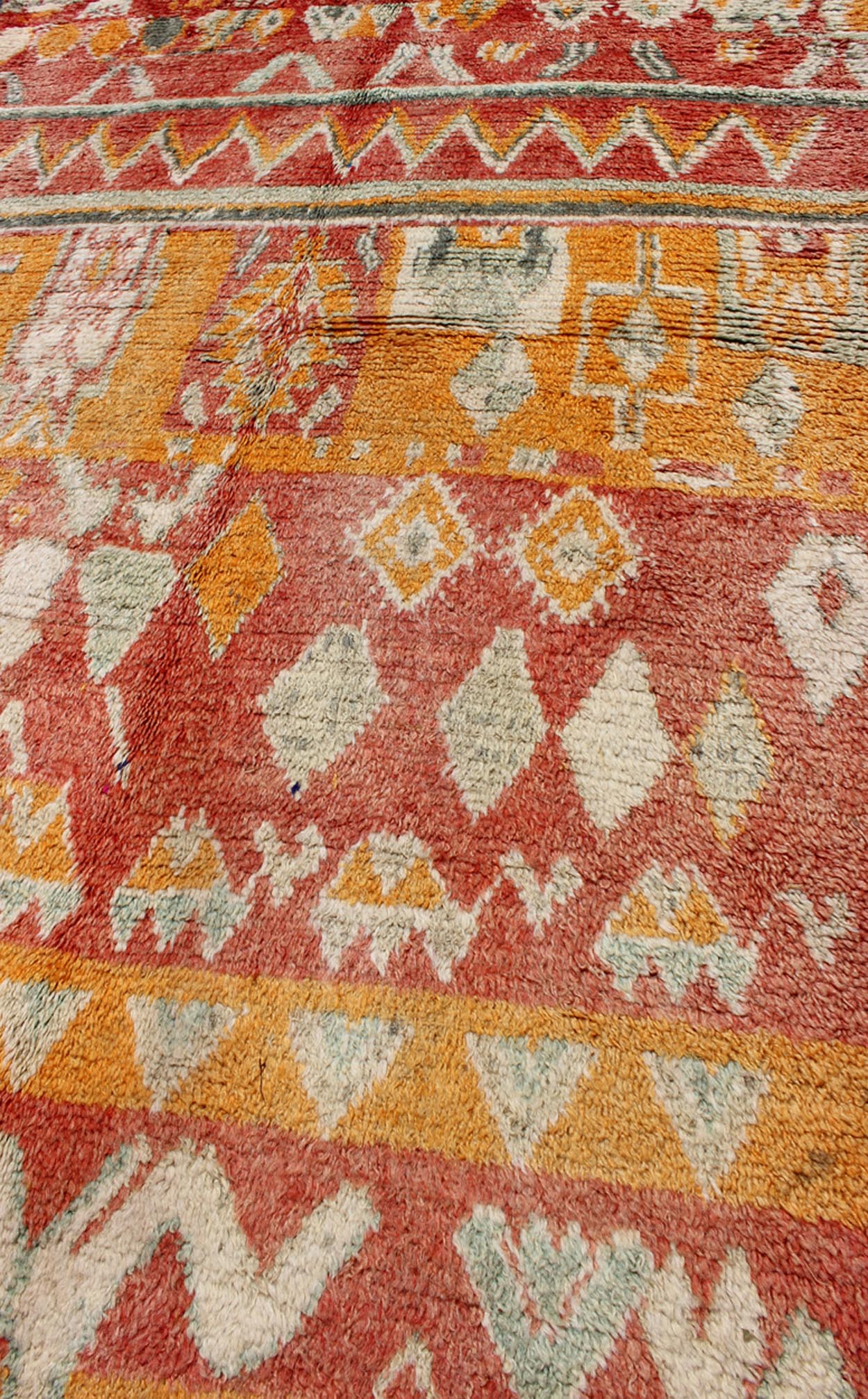 Tribal design vintage Moroccan rug in red, orange, Mint Green, ivory, rug sk - 629, country of origin / type: Morocco / Tribal, circa 1940. This gorgeous vintage Moroccan carpet from the mid - 20th century displays a stunning, all - over geometric pat... - Keivan Woven ArtsSK - 629 - 4084Rug