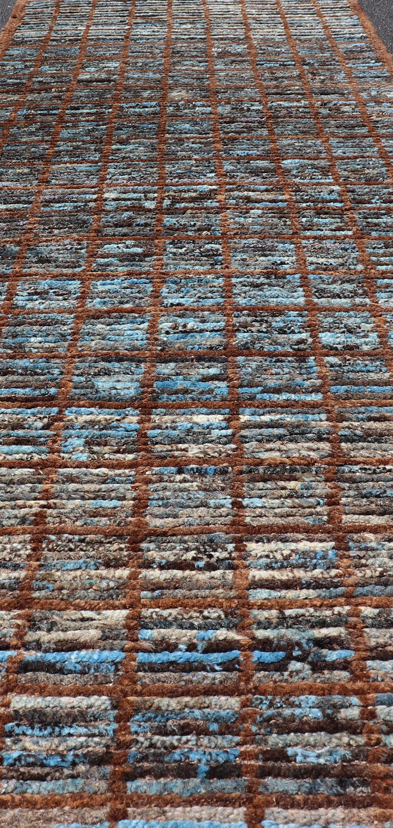 Keivan Woven Arts Modern runner in distressed Moroccan Squared design with Blue Measures: 2'9 x 9'8 Keivan Woven Arts Modern Casual Afghan Tribal Runner. Keivan Woven Arts/ rug SNK - 1840 Country of Origin: Afghanistan Type: Modern Casual ... - Keivan Woven ArtsSNK - 1840 - 27670Rug