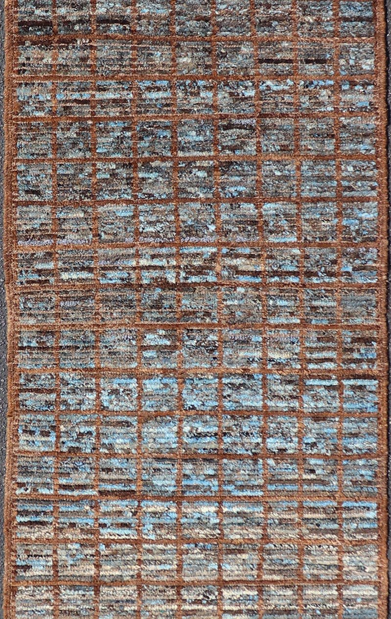Keivan Woven Arts Modern runner in distressed Moroccan Squared design with Blue Measures: 2'9 x 9'8 Keivan Woven Arts Modern Casual Afghan Tribal Runner. Keivan Woven Arts/ rug SNK - 1840 Country of Origin: Afghanistan Type: Modern Casual ... - Keivan Woven ArtsSNK - 1840 - 27670Rug