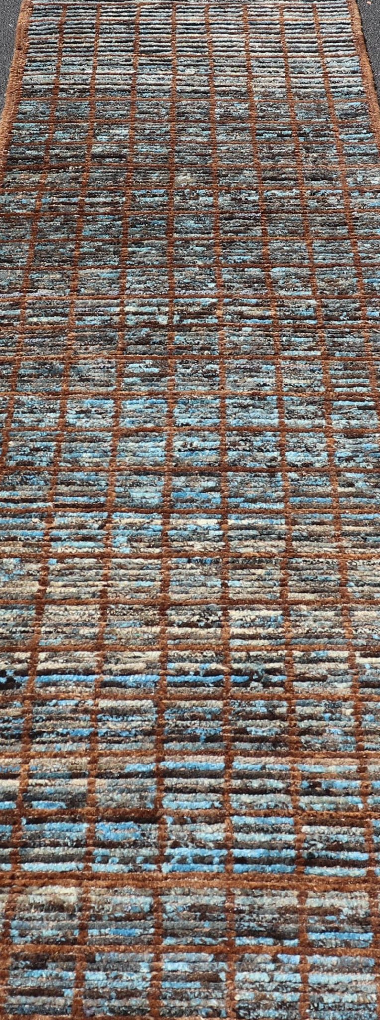Keivan Woven Arts Modern runner in distressed Moroccan Squared design with Blue Measures: 2'9 x 9'8 Keivan Woven Arts Modern Casual Afghan Tribal Runner. Keivan Woven Arts/ rug SNK - 1840 Country of Origin: Afghanistan Type: Modern Casual ... - Keivan Woven ArtsSNK - 1840 - 27670Rug