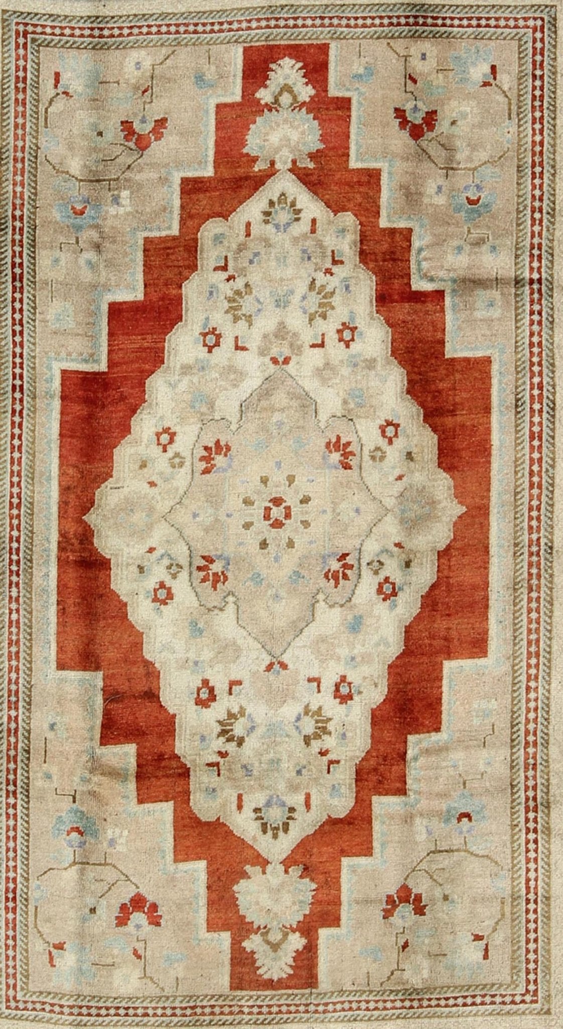 Central Medallion Vintage Turkish Oushak Rug in Ivory, Red, Green and Blue, rug st - 1182, country of origin / type: Turkey / Oushak, circa mid - 20th century This beautiful vintage rug from mid - 20th century Turkey features a Classic Oushak design, ... - Keivan Woven ArtsST - 1182 - 4014Rug