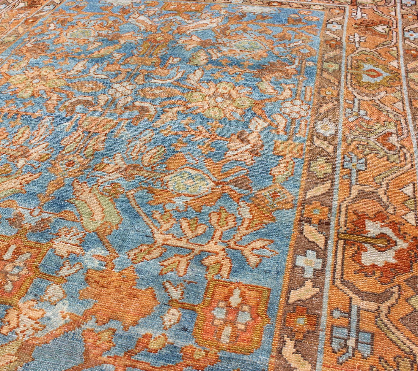 Botanical design Persian Malayer antique rug in blue, rust, and orange tones, rug sus - 1807 - 238, country of origin / type: Iran / Malayer, circa 1920. This beautiful antique early 20th century Persian Malayer carpet features a beautiful all - over ... - Keivan Woven ArtsSUS - 1807 - 238 - 10128