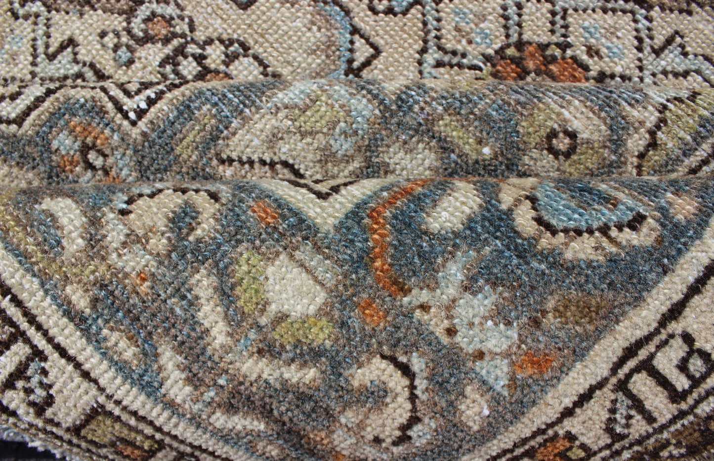 Gray/green, Taupe, Lt. Blue & Rust, brown Antique Persian distressed Malayer. Neutral tones antique distressed Malayer rug from Persia with floral design, rug sus - 1807 - 240, country of origin / type: Iran / Malayer, circa 1920. Neutral t... - Keivan Woven ArtsSUS - 1807 - 240 - 10209