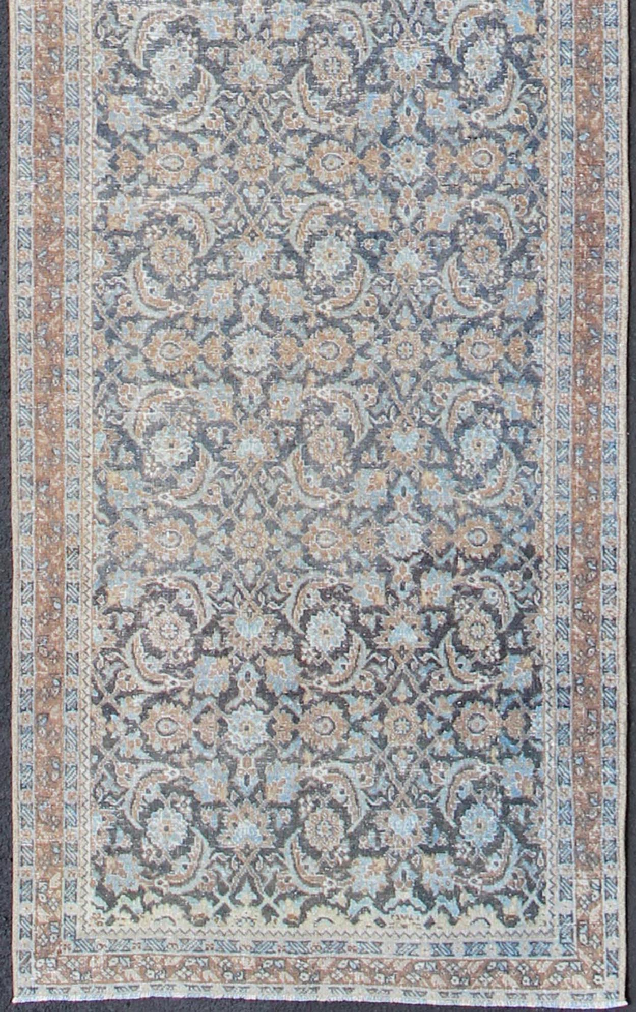 Shades of blue and taupe elegant and ornate Persian Tabriz vintage runner, rug sus - 1807 - 258, country of origin / type: Iran / Tabriz, circa 1930. This vintage Persian runner with a sophisticated, all - over design features a natural color combinat... - Keivan Woven ArtsSUS - 1807 - 258 - 10136Rug