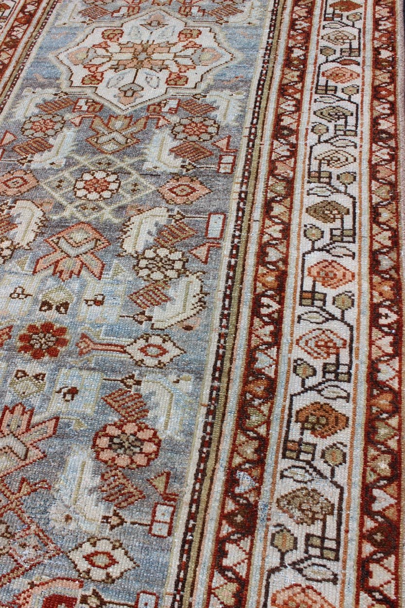 Colorful Floral Geometric Persian Malayer antique runner with vertical medallions, rug sus - 1807 - 285, country of origin / type: Iran / Mahal, circa 1920. This antique Persian Malayer runner, circa early 20th century, relies heavily on exquisite d... - Keivan Woven ArtsSUS - 1807 - 285 - 10153Rug