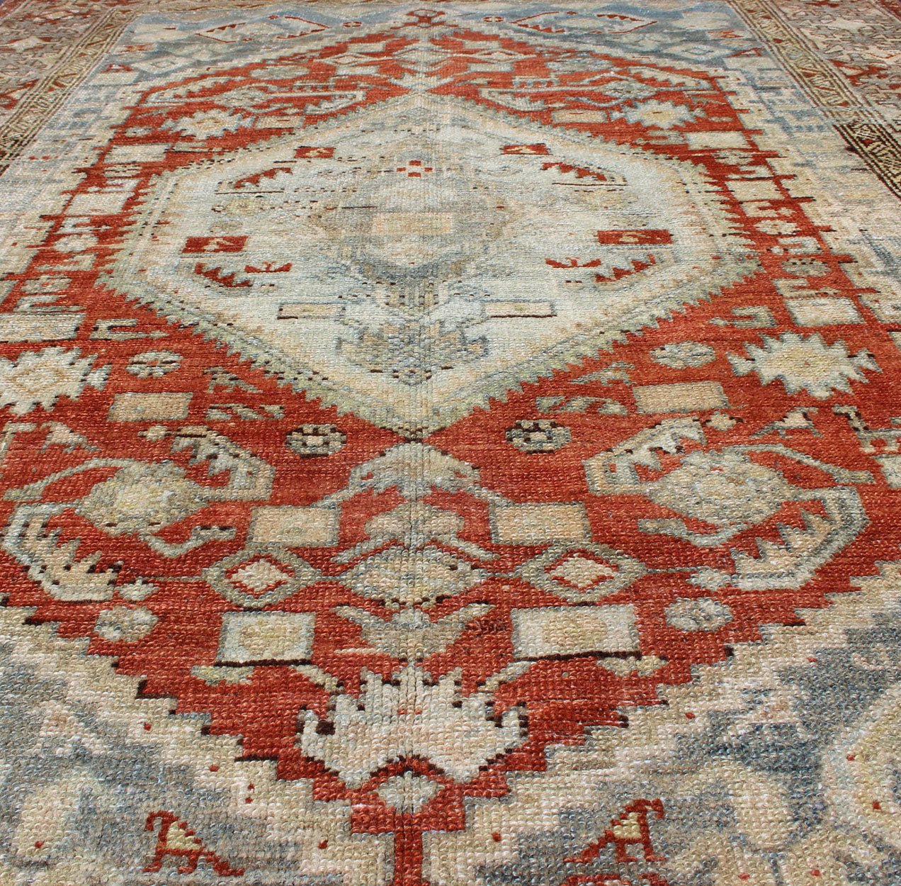Orange - Red, Light Gray/Blue Antique Persian Malayer Rug with Geometric Design. Antique Persian rug in shades oforange - red, light blue gray, and taupe, rug SUS - 1908 - 2, country of origin / type: Iran / Malayer, circa 1910. Measures: 4'6 x ... - Keivan Woven ArtsSUS - 1908 - 2 - 11515Rug