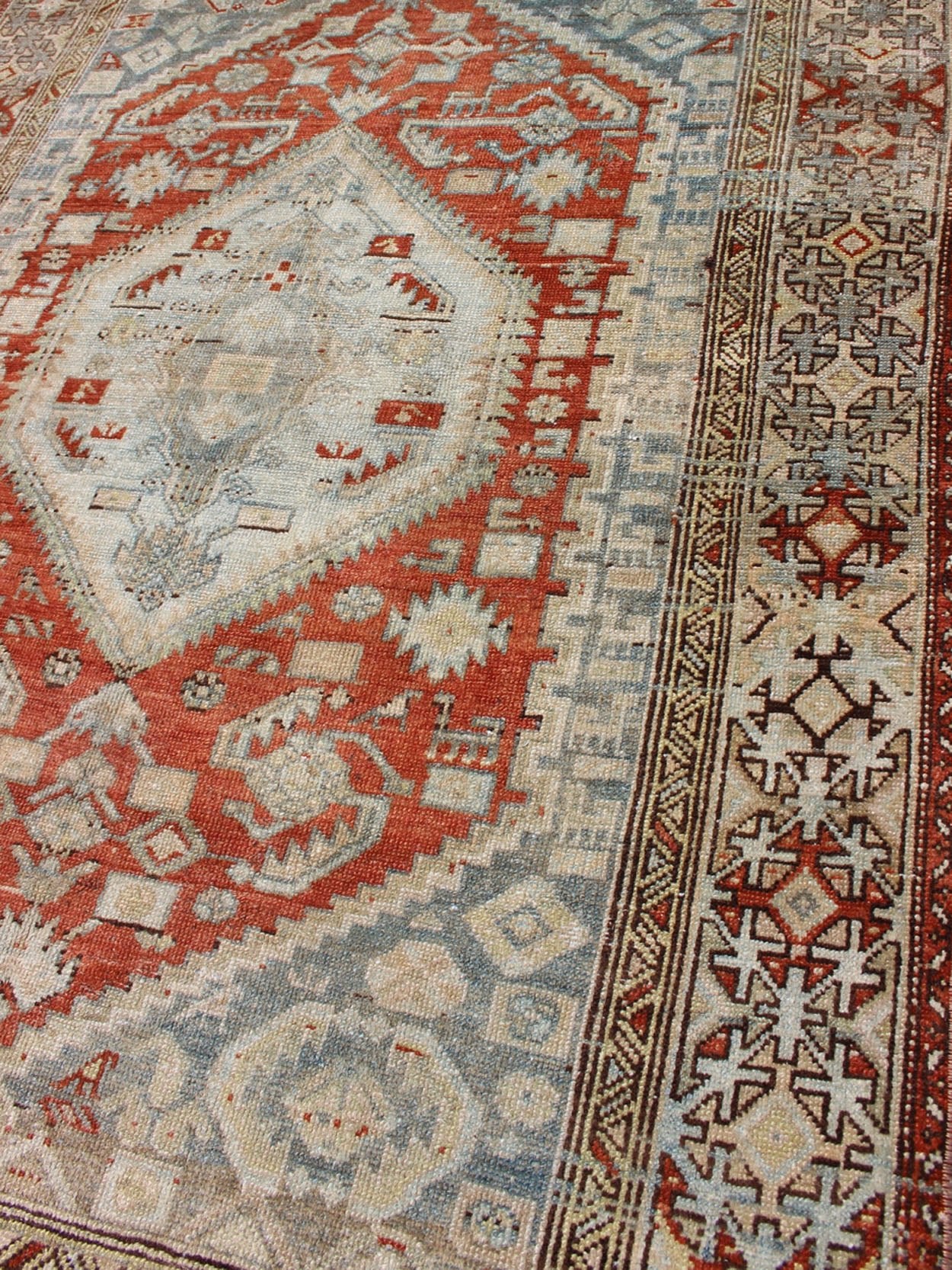 Orange - Red, Light Gray/Blue Antique Persian Malayer Rug with Geometric Design. Antique Persian rug in shades oforange - red, light blue gray, and taupe, rug SUS - 1908 - 2, country of origin / type: Iran / Malayer, circa 1910. Measures: 4'6 x ... - Keivan Woven ArtsSUS - 1908 - 2 - 11515Rug