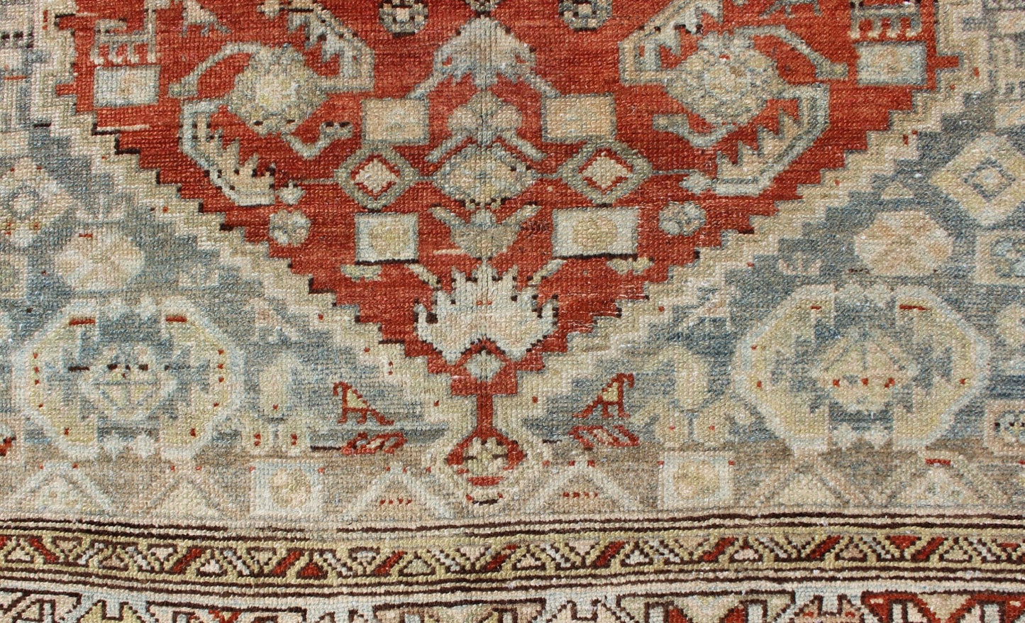 Orange - Red, Light Gray/Blue Antique Persian Malayer Rug with Geometric Design. Antique Persian rug in shades oforange - red, light blue gray, and taupe, rug SUS - 1908 - 2, country of origin / type: Iran / Malayer, circa 1910. Measures: 4'6 x ... - Keivan Woven ArtsSUS - 1908 - 2 - 11515Rug
