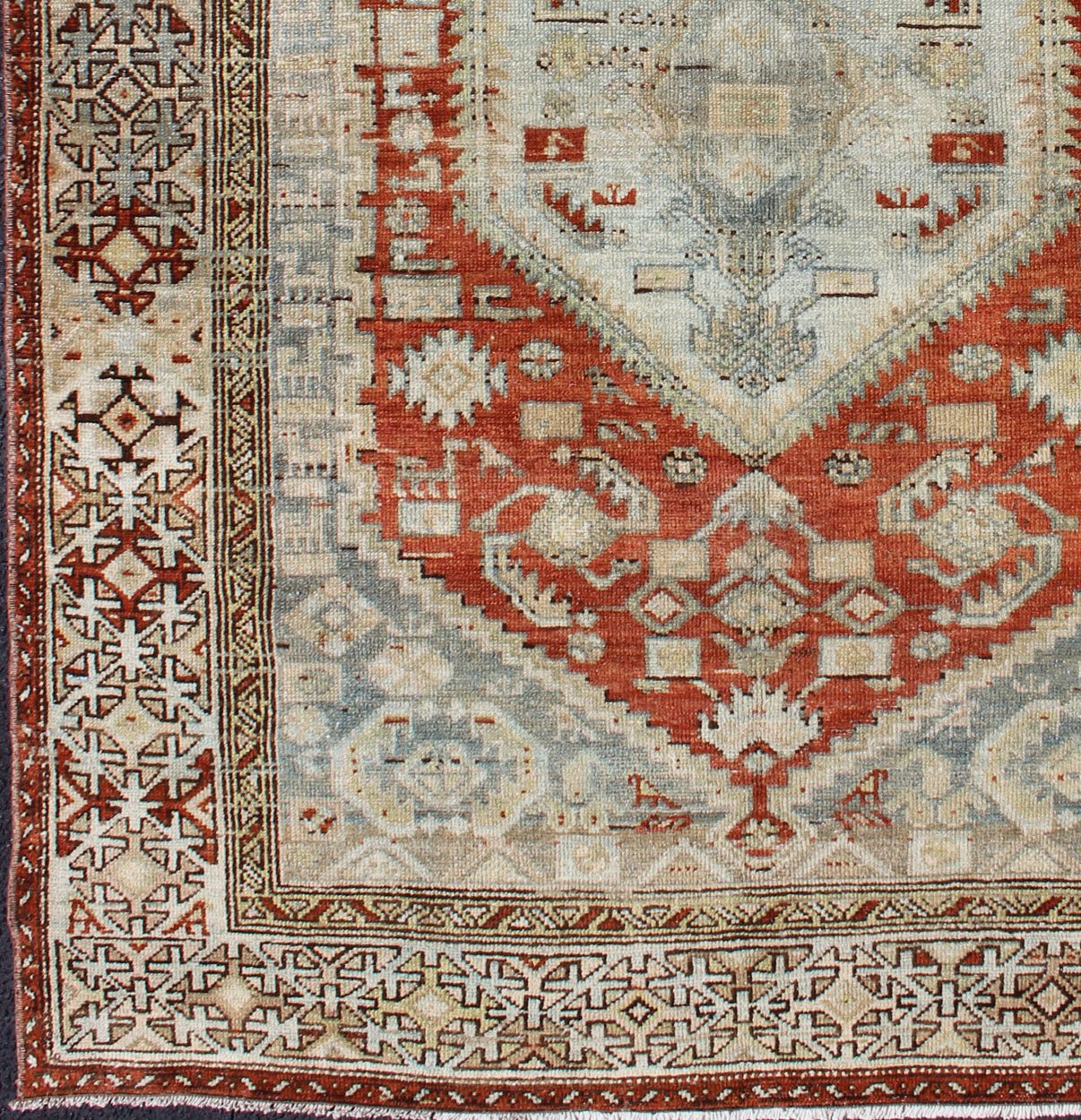 Orange - Red, Light Gray/Blue Antique Persian Malayer Rug with Geometric Design. Antique Persian rug in shades oforange - red, light blue gray, and taupe, rug SUS - 1908 - 2, country of origin / type: Iran / Malayer, circa 1910. Measures: 4'6 x ... - Keivan Woven ArtsSUS - 1908 - 2 - 11515Rug