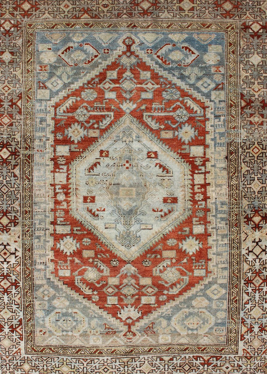 Orange - Red, Light Gray/Blue Antique Persian Malayer Rug with Geometric Design. Antique Persian rug in shades oforange - red, light blue gray, and taupe, rug SUS - 1908 - 2, country of origin / type: Iran / Malayer, circa 1910. Measures: 4'6 x ... - Keivan Woven ArtsSUS - 1908 - 2 - 11515Rug