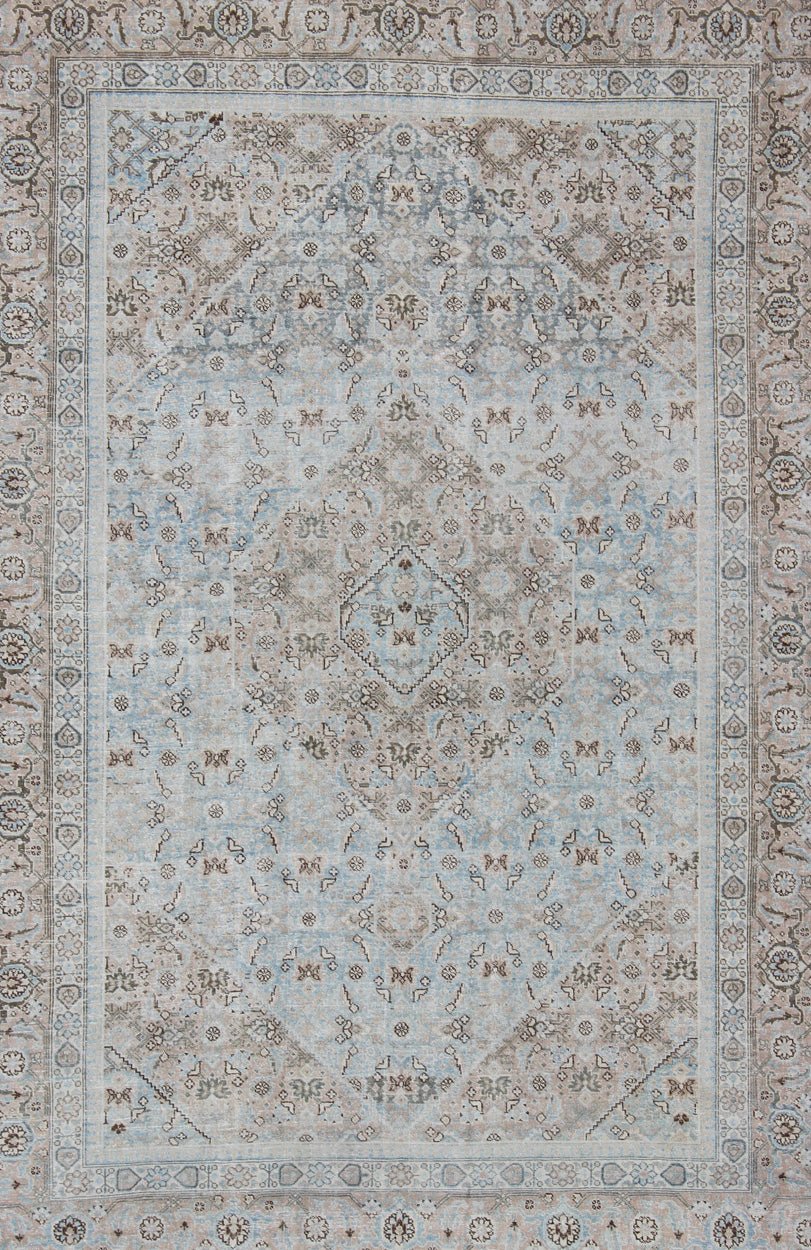 Stylized Persian Antique Tabriz Rug with Medallion Design and Muted Colors Persian Antique Tabriz Rug With Medallion With Herati Design and Muted Colors. Light Blue and Taupe Diamond Medallion Geometric Design Tabriz Rug from Persia. Keivan Wov... - Keivan Woven ArtsSUS - 1908 - 23 - 11629