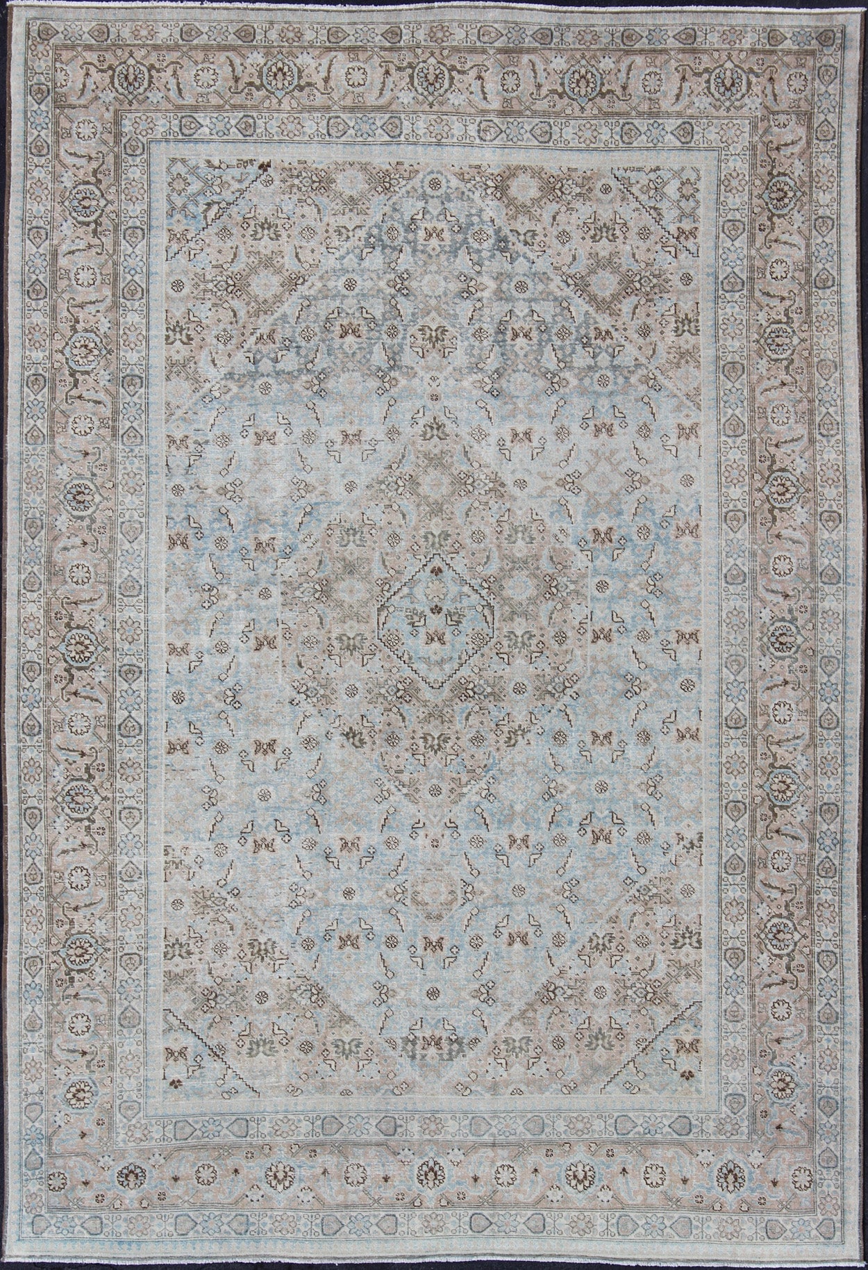 Stylized Persian Antique Tabriz Rug with Medallion Design and Muted Colors Persian Antique Tabriz Rug With Medallion With Herati Design and Muted Colors. Light Blue and Taupe Diamond Medallion Geometric Design Tabriz Rug from Persia. Keivan Wov... - Keivan Woven ArtsSUS - 1908 - 23 - 11629Rug