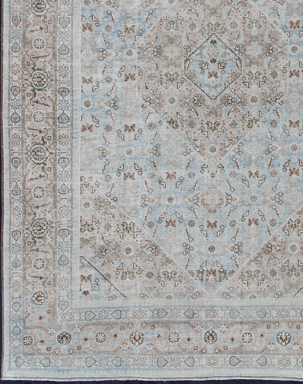 Stylized Persian Antique Tabriz Rug with Medallion Design and Muted Colors Persian Antique Tabriz Rug With Medallion With Herati Design and Muted Colors. Light Blue and Taupe Diamond Medallion Geometric Design Tabriz Rug from Persia. Keivan Wov... - Keivan Woven ArtsSUS - 1908 - 23 - 11629