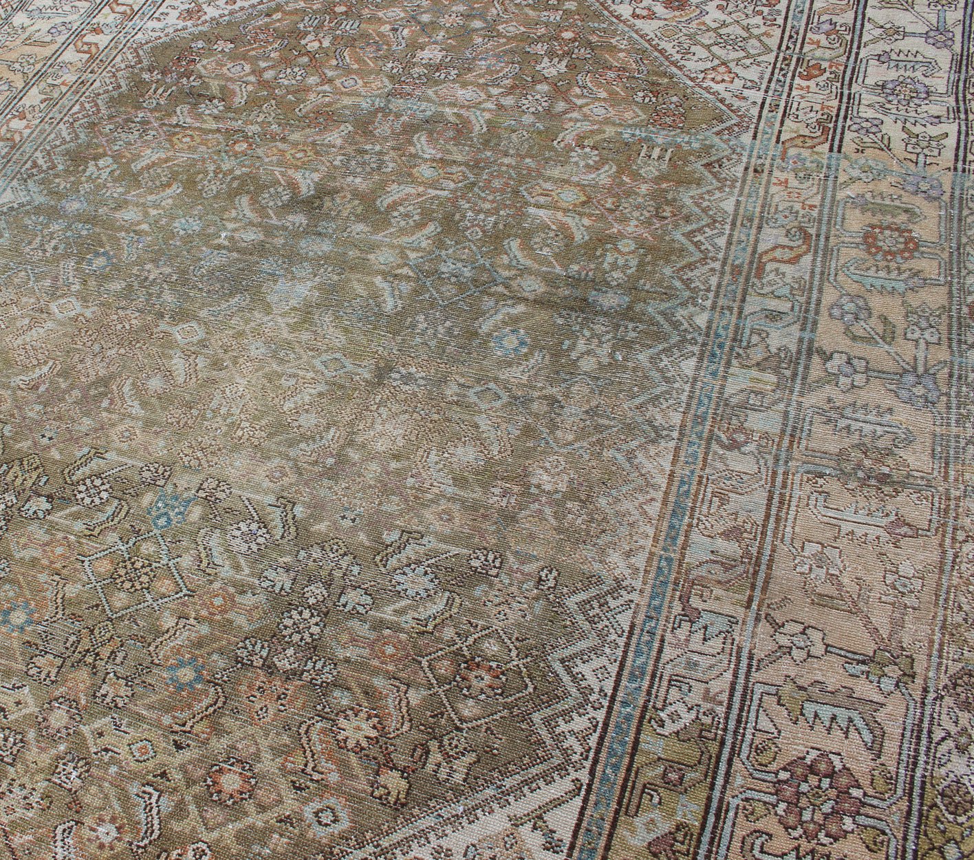 Antique Persian Malayer Rug With Medallion and Geometric Design Antique Persian rug with faded green field and ivory cornices, Keivan Woven Arts / rug SUS - 1908 - 275, country of origin / type: Iran / Malayer, circa 1900. This traditional Pe... - Keivan Woven ArtsSUS - 1908 - 275 - 11635Rug