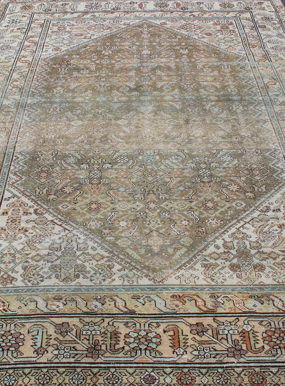 Antique Persian Malayer Rug With Medallion and Geometric Design Antique Persian rug with faded green field and ivory cornices, Keivan Woven Arts / rug SUS - 1908 - 275, country of origin / type: Iran / Malayer, circa 1900. This traditional Pe... - Keivan Woven ArtsSUS - 1908 - 275 - 11635Rug