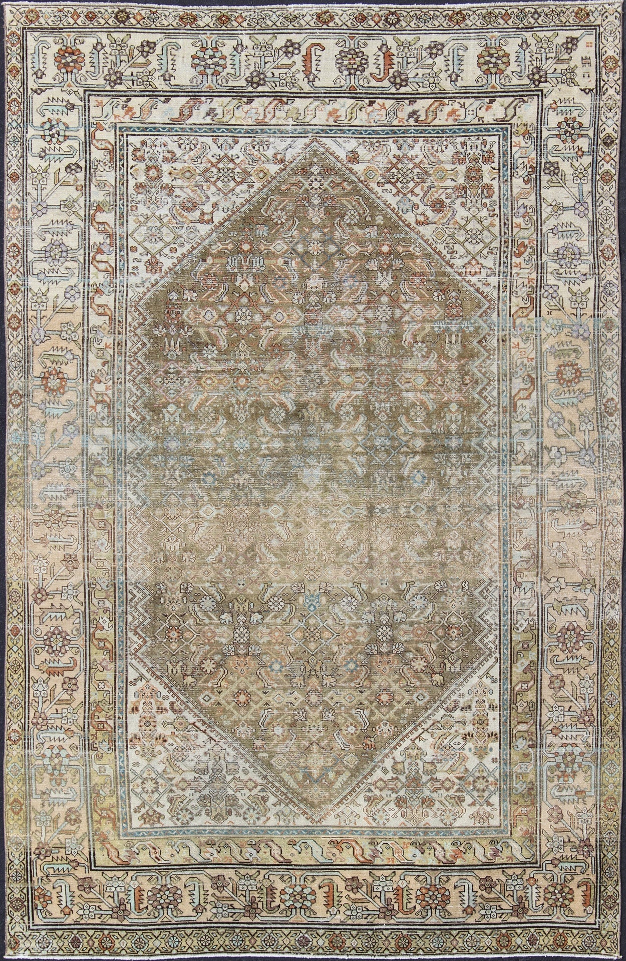 Antique Persian Malayer Rug With Medallion and Geometric Design Antique Persian rug with faded green field and ivory cornices, Keivan Woven Arts / rug SUS - 1908 - 275, country of origin / type: Iran / Malayer, circa 1900. This traditional Pe... - Keivan Woven ArtsSUS - 1908 - 275 - 11635Rug