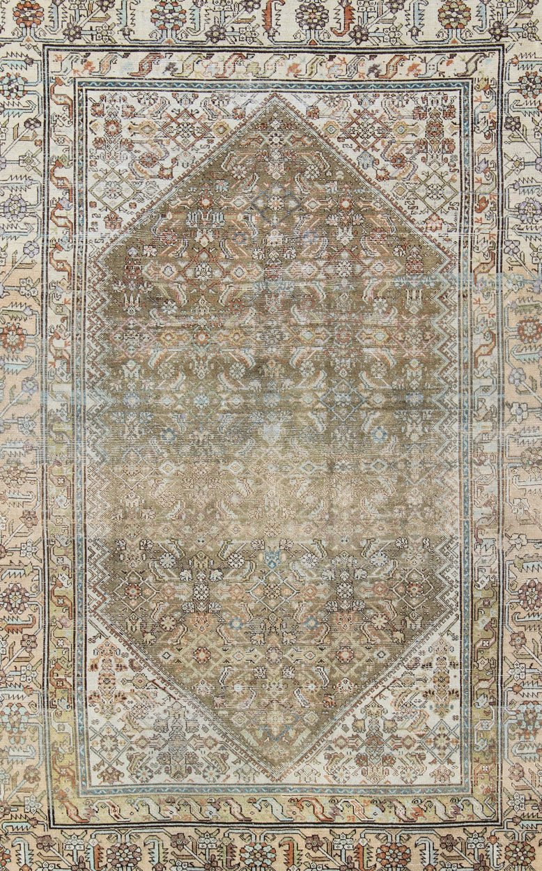 Antique Persian Malayer Rug With Medallion and Geometric Design Antique Persian rug with faded green field and ivory cornices, Keivan Woven Arts / rug SUS - 1908 - 275, country of origin / type: Iran / Malayer, circa 1900. This traditional Pe... - Keivan Woven ArtsSUS - 1908 - 275 - 11635Rug