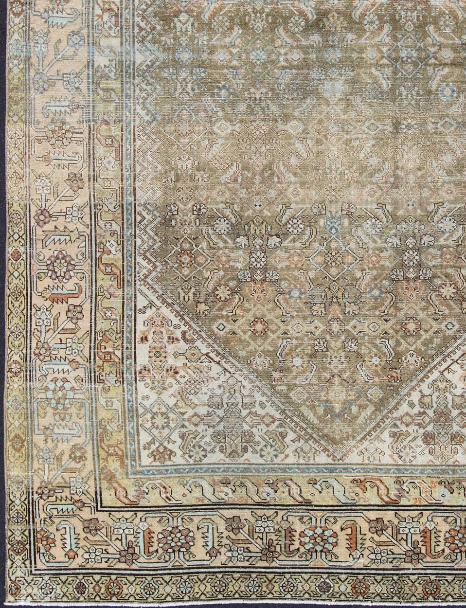 Antique Persian Malayer Rug With Medallion and Geometric Design Antique Persian rug with faded green field and ivory cornices, Keivan Woven Arts / rug SUS - 1908 - 275, country of origin / type: Iran / Malayer, circa 1900. This traditional Pe... - Keivan Woven ArtsSUS - 1908 - 275 - 11635Rug