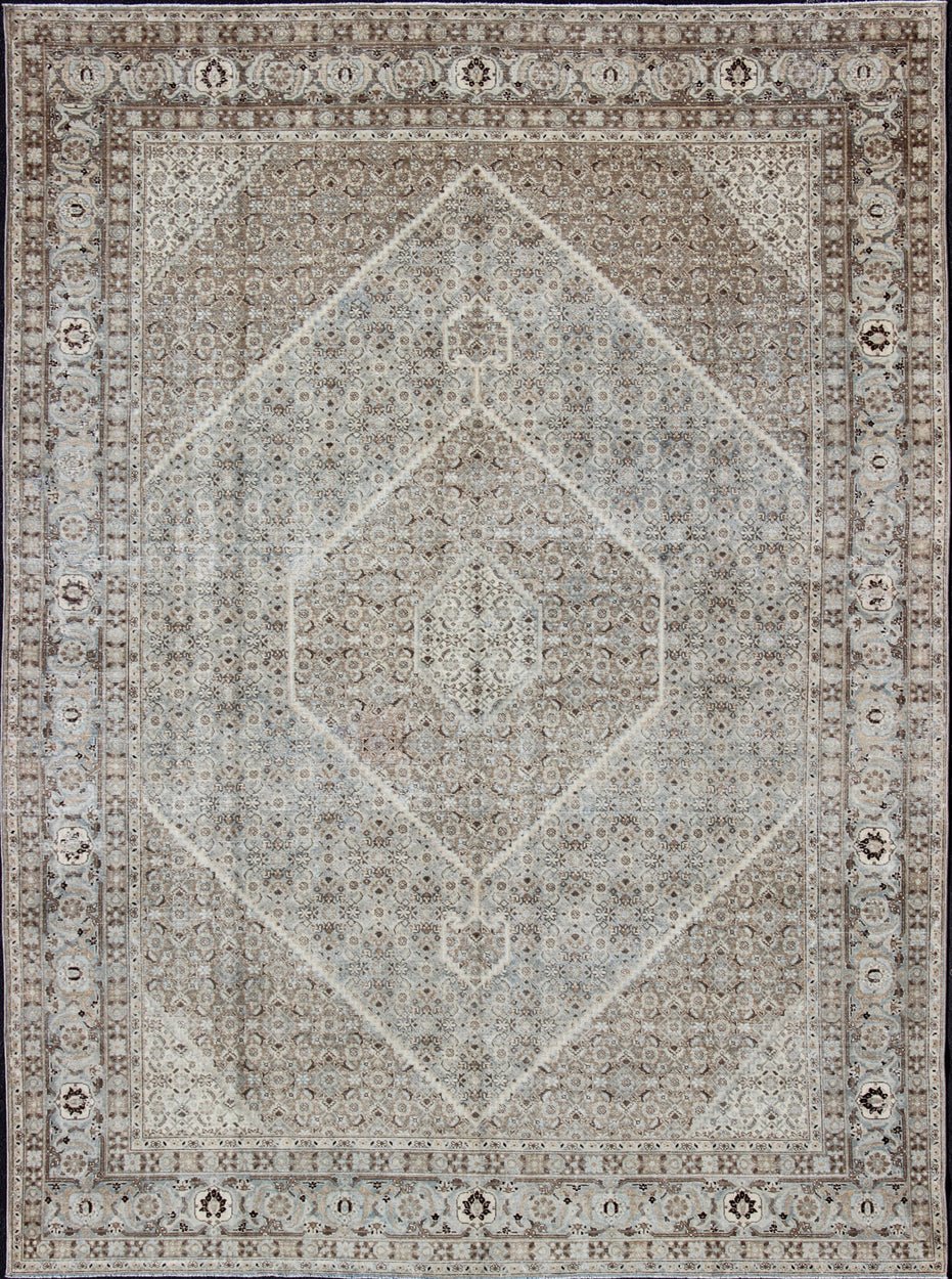 Antique Persian Tabriz Rug with a Geometric Diamond Design Gray, Light Blue, Taupe, Tan and Brown Geometric Persian Tabriz Rug, rug SUS - 1908 - 352, country of origin / type: Iran / Tabriz, circa 1920 This antique Tabriz carpet from 1920s Pe... - Keivan Woven ArtsSUS - 1908 - 352 - 11641Rug