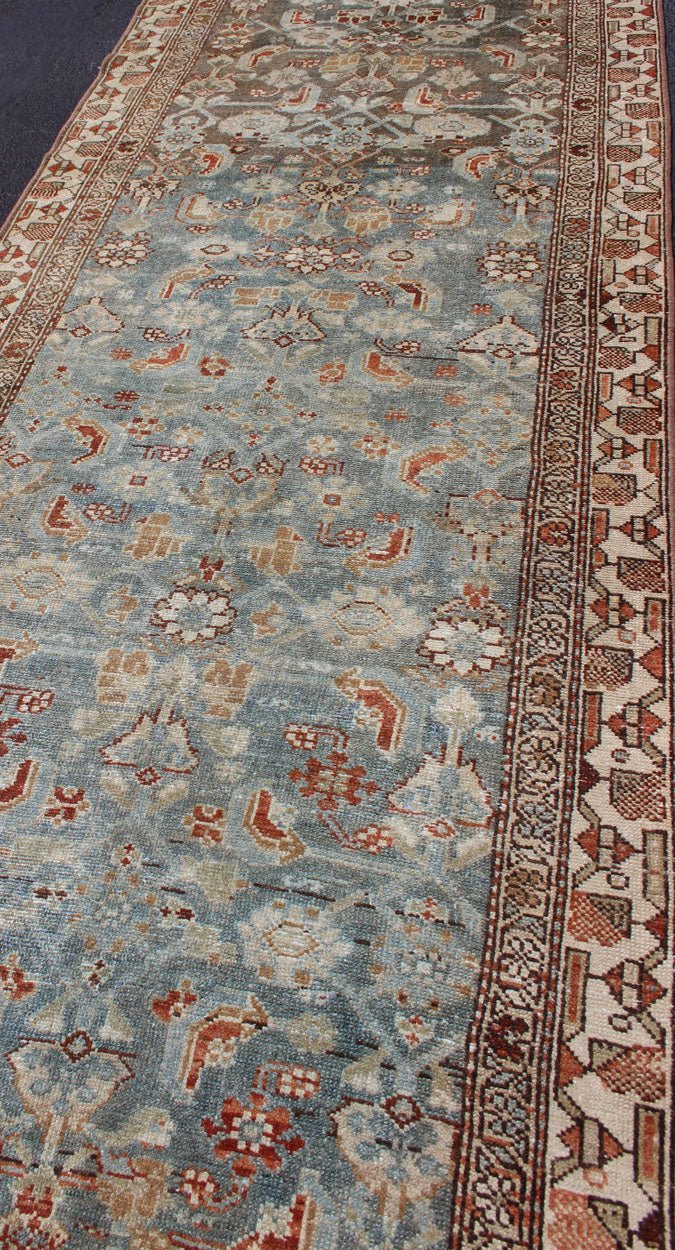 Antique Malayer Runner with Geometric Designs in Gray Blue and Burnt Orange All - Over Design Persian Runner with Gray Blue and Orange Colors, rug SUS - 1908 - 371, country of origin / type: Iran / Malayer, circa 1900 This long antique Persian ... - Keivan Woven ArtsSUS - 1908 - 371 - 11539Rug