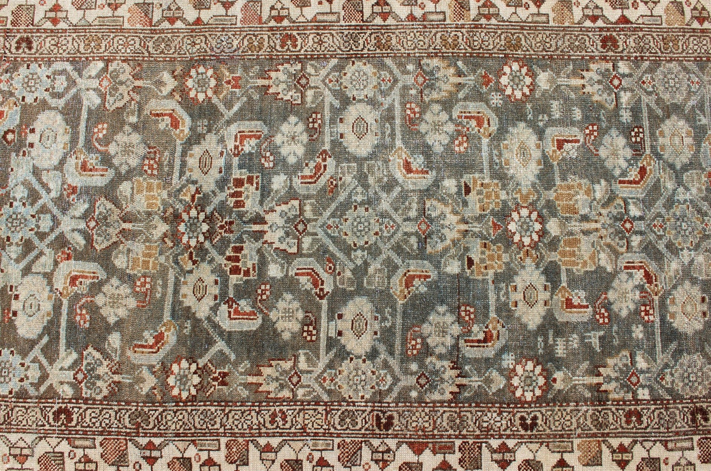 Antique Malayer Runner with Geometric Designs in Gray Blue and Burnt Orange All - Over Design Persian Runner with Gray Blue and Orange Colors, rug SUS - 1908 - 371, country of origin / type: Iran / Malayer, circa 1900 This long antique Persian ... - Keivan Woven ArtsSUS - 1908 - 371 - 11539Rug