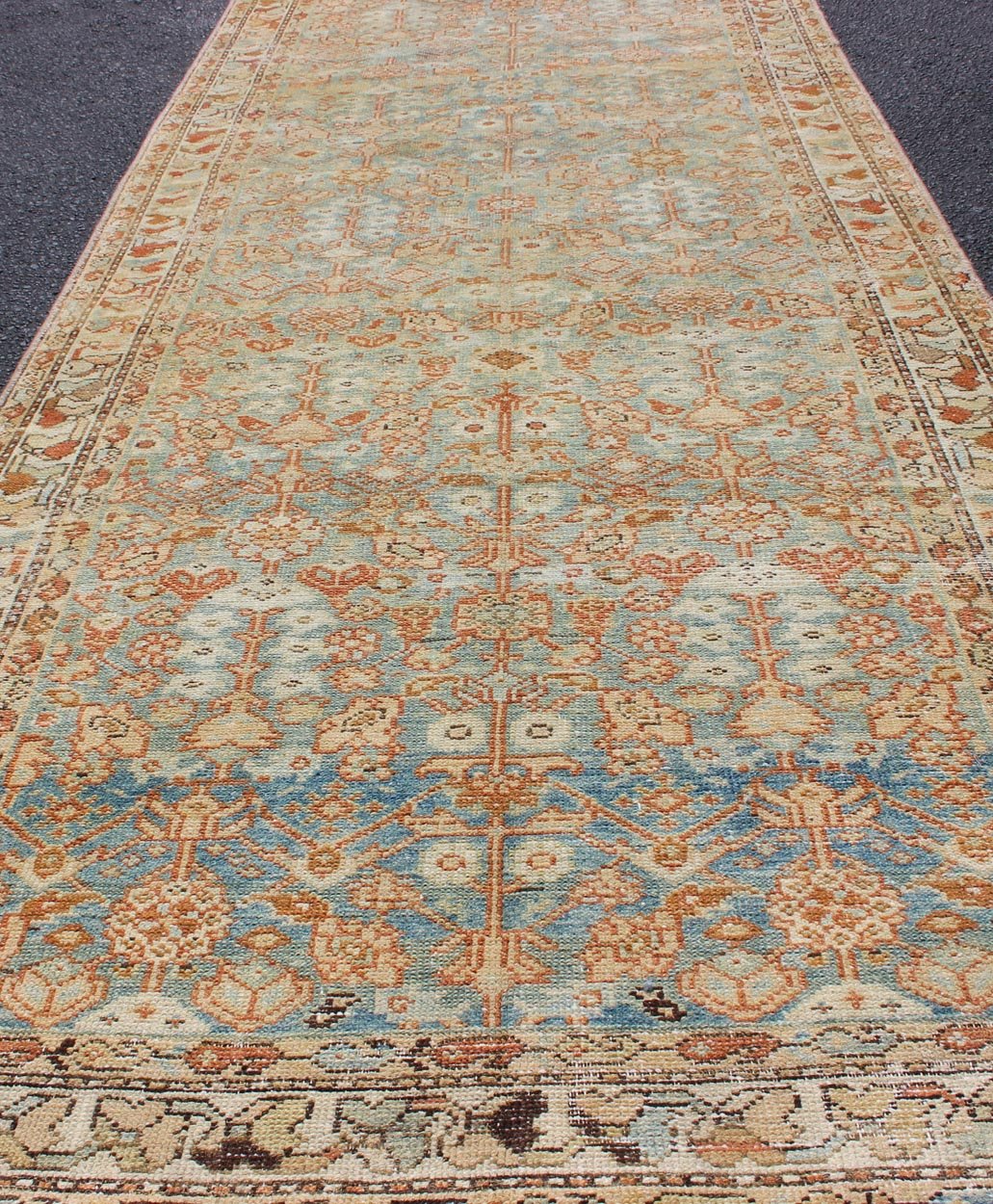 Antique Persian Malayer Runner with Geometric All - Over Design in Light Blue kwarugs Antique Persian Malayer runner with geometric all - over design in light blue Blue, coral and peach Malayer antique rug from Persia with geometric motifs, rug S... - Keivan Woven ArtsSUS - 1909 - 431 - 2049Rug