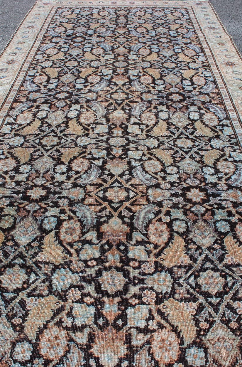 Multi Color Distressed Antique Persian Tabriz Runner with Herati Design in Black Background, Distressed Persian Runner, Distressed Antique Runner, Distressed Antique Persian Runner. Tabriz antique Persian Runner with all - over Herati design in bl... - Keivan Woven ArtsSUS - 1909 - 447 - 3395Rug